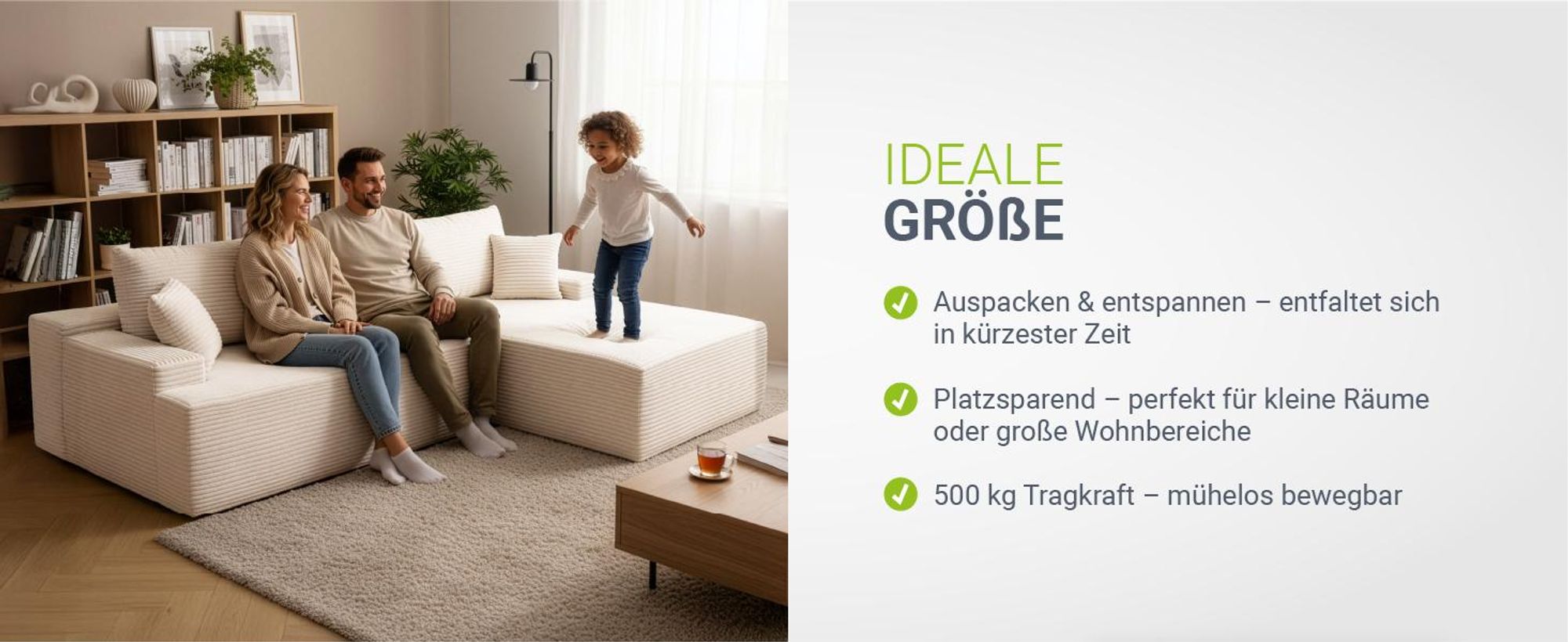 Juskys Sofa Coredo - Creme, moderne Couch aus Cord mit Kissen, Ottomane rechts