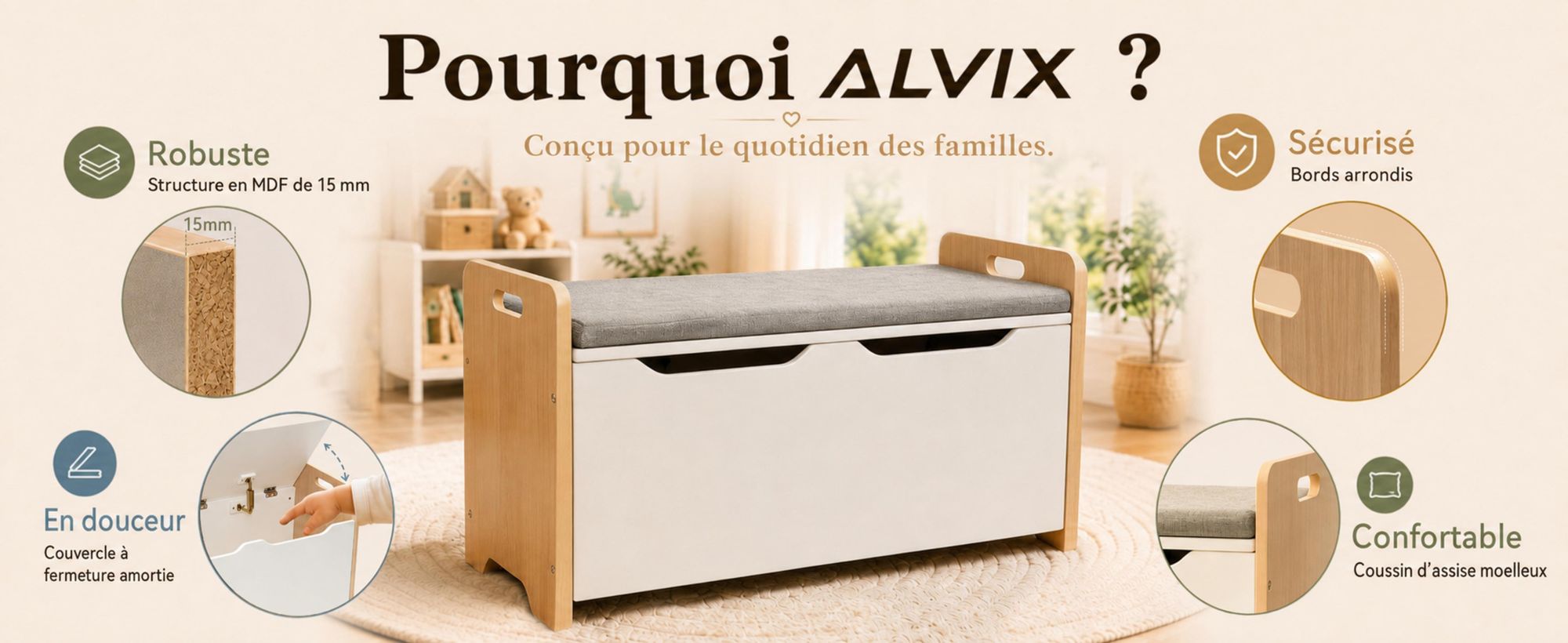 ALVIX Coffre de rangement pour jouets NESTA 1, banc pour enfants avec espace de rangement, coffre à jouets avec couvercle à fermeture douce, banc de siège pour chambre d'enfant, 83x40x48 cm
