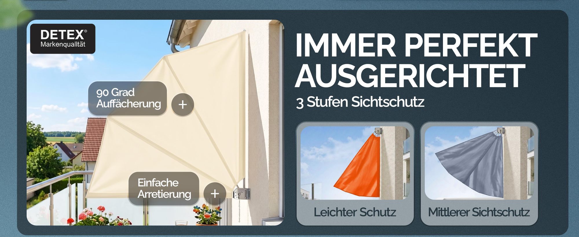 DETEX® Balkonfächer Sichtschutz inkl. Abdeckung 140x140cm Wetterfest UV-beständig Faltbar Terrasse Seitenmarkise Sonnenschutz Wandhalterung Anthrazit