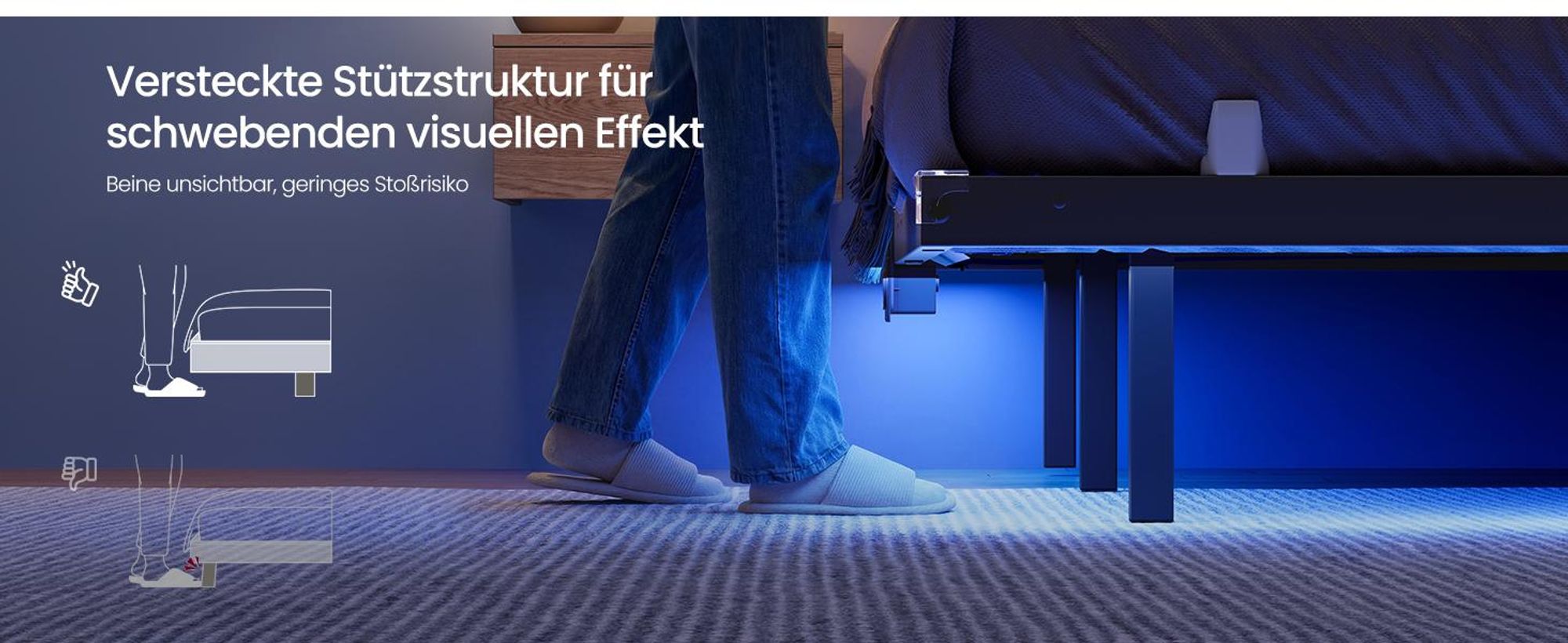 VASAGLE Bettgestell 140 x 200 cm mit LED-Beleuchtung, USB-C-Anschluss, Steckdosenleiste, Schlafzimmer, trägt bis 500 kg, schwarz