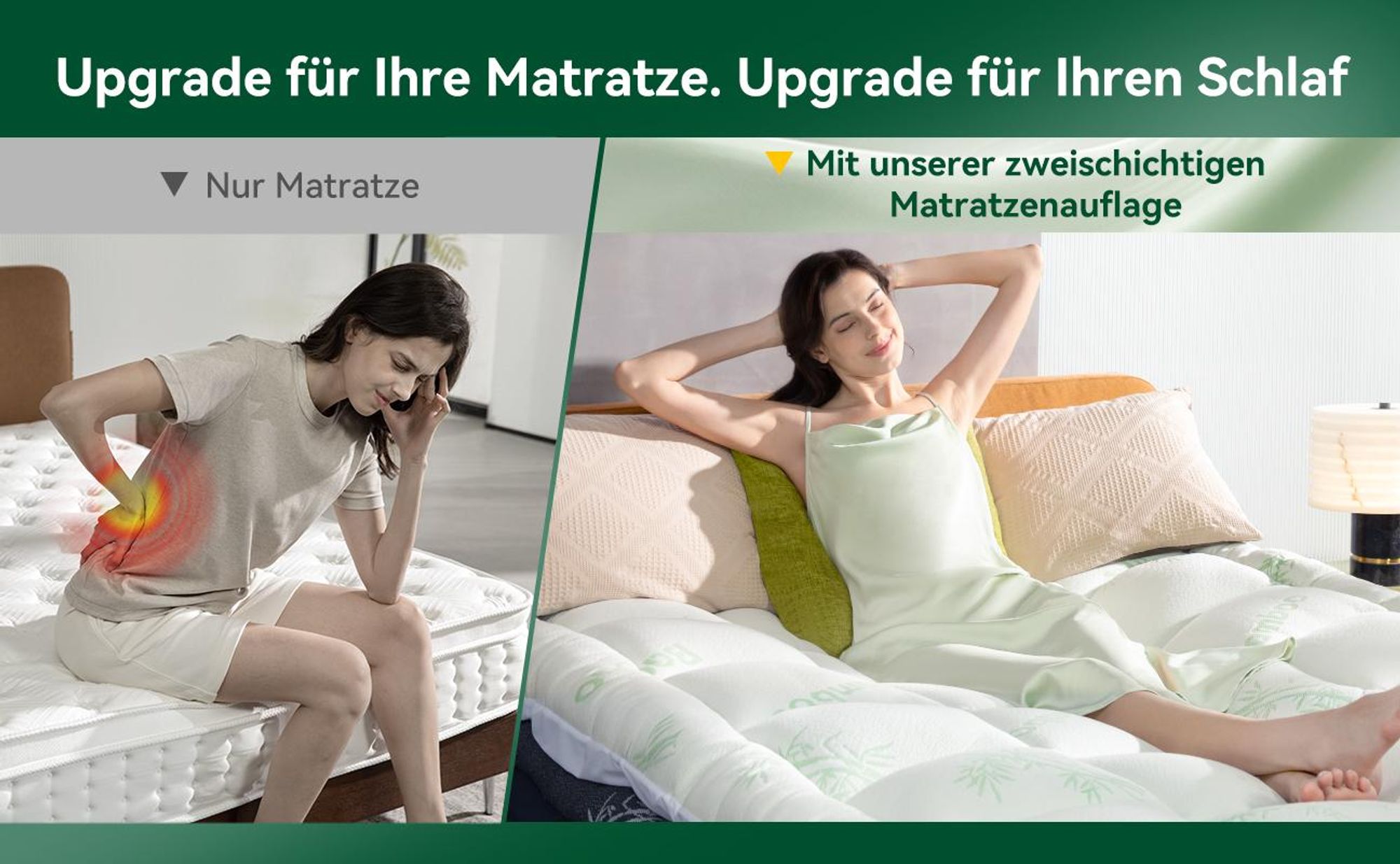 NicePlus 2-in-1 Topper, 90x200X7cm, 5-Zonen Memory Foam + Bambus-Pillow-Top, mit Eckgummis für alle Matratzen, H2/H3, Grün