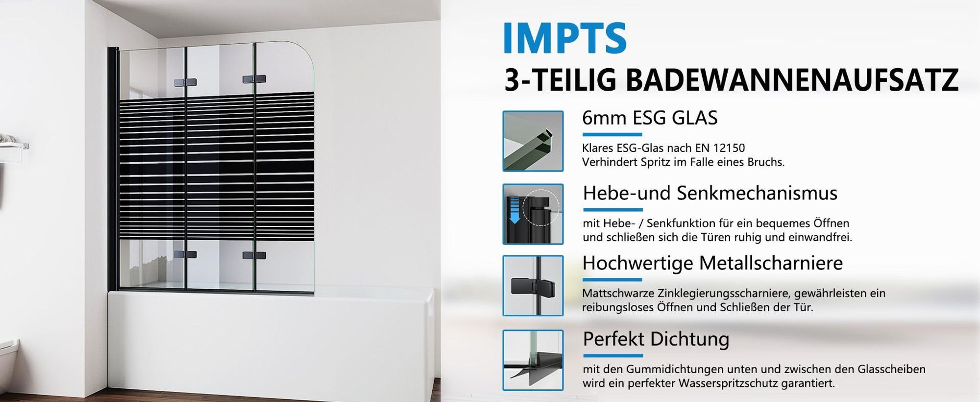 IMPTS Duschwand für Badewanne 140x140cm 3-teilig Faltwand Badewannenaufsatz Faltbar Duschabtrennung 6mm ESG GLAS Badwannenfaltwand Schwarze, Gestreift