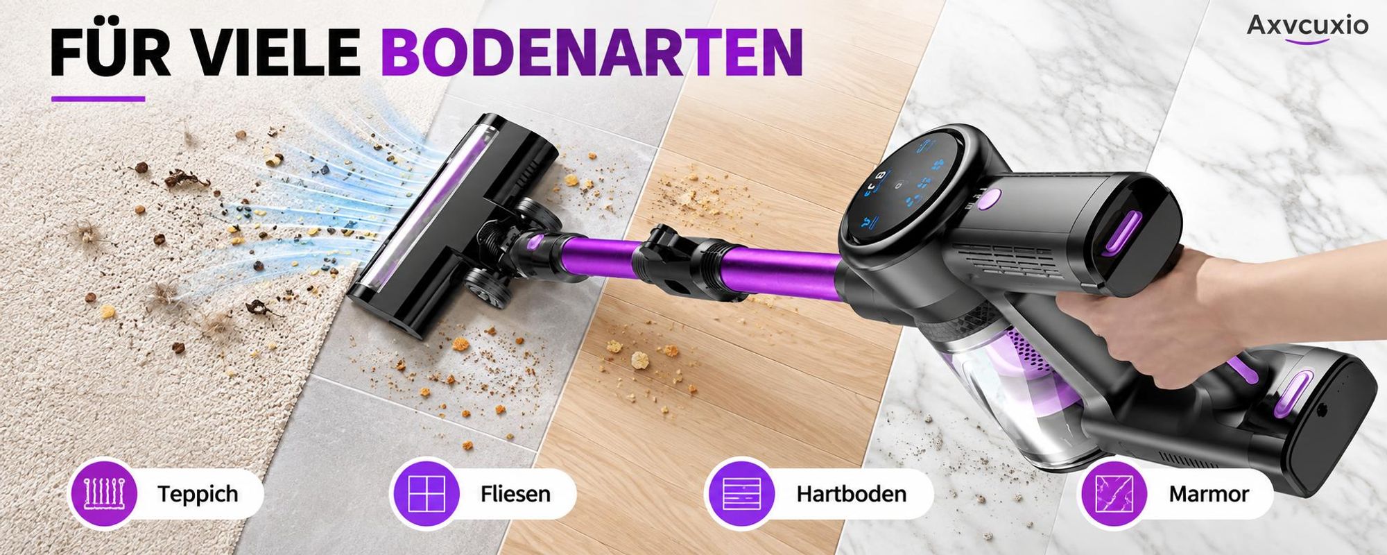 55000Pa/550W/65Min Staubsauger Kabellos, Akku Staubsauger SuperLeise, Handstaubsauger mit LED Display, Stabstaubsauger für Hartböden Teppiche, HEPA