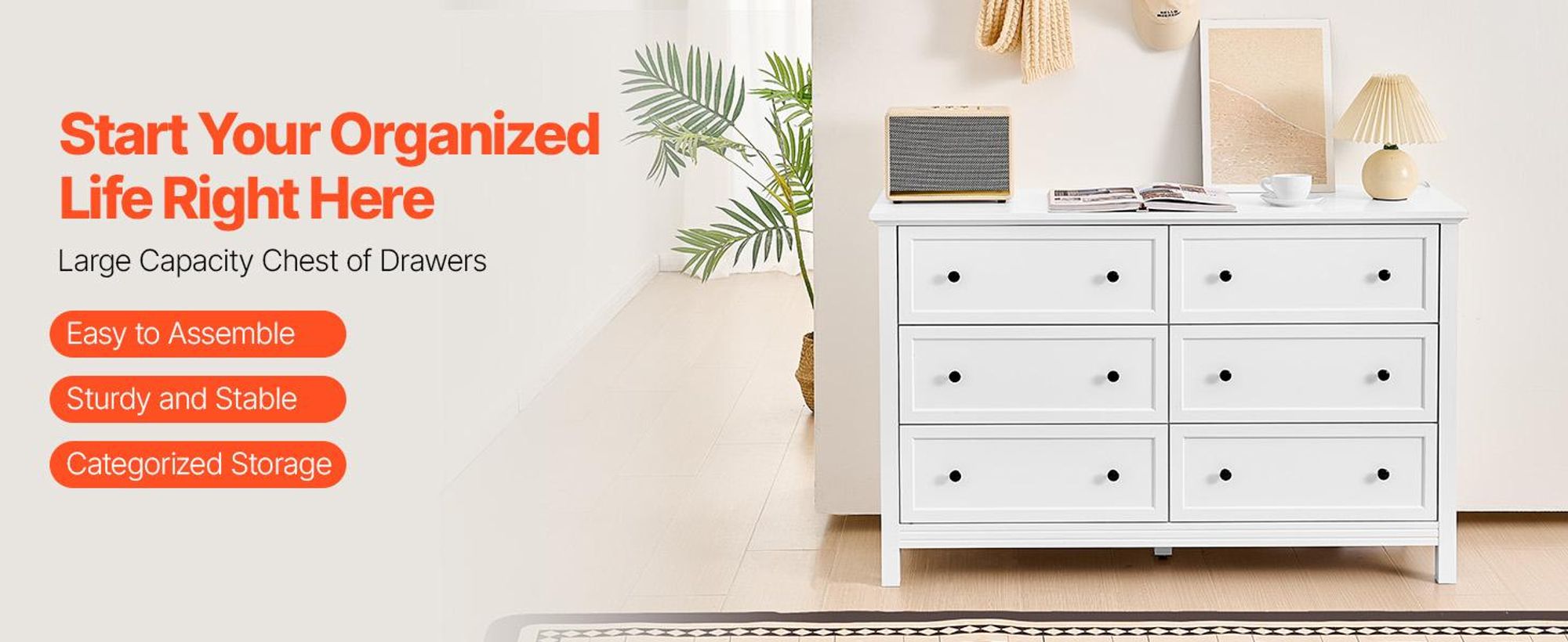 VEVOR Kommode mit 6 Schubladen, Auszug und Kippschutz, schlichte Vintage-Kommode, TV-Schrank, Organizer-Regal für Wohnzimmer, Schlafzimmer und Eingangsbereich (weiß)