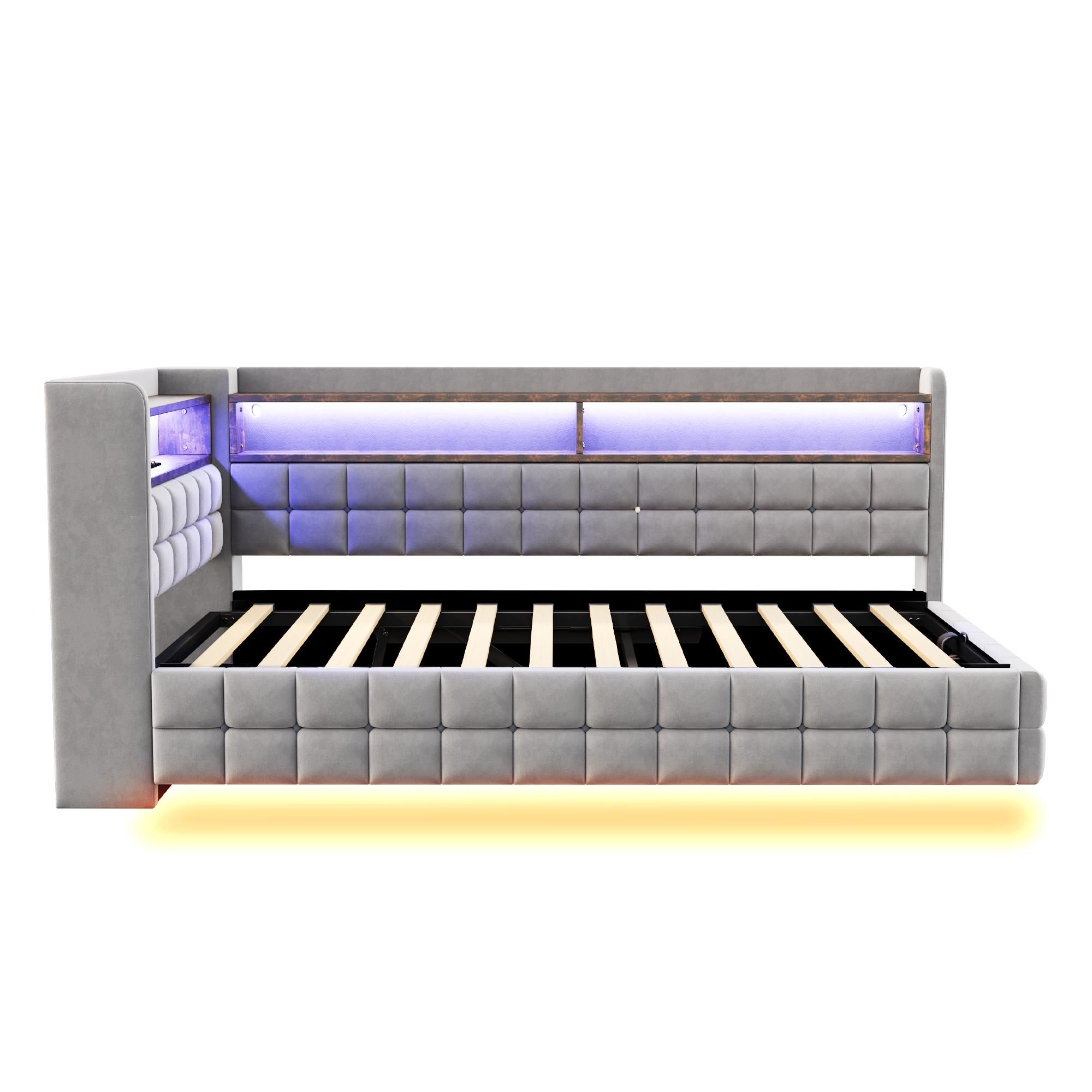 Merax Polsterbett Schlafsofa 90x200cm mit LED-Beleuchtung, Tagesbett mit Hydraulischer Stauraum und Holzregal,USB-Ladeanschlüsse,Samtstoff,Hellgrau