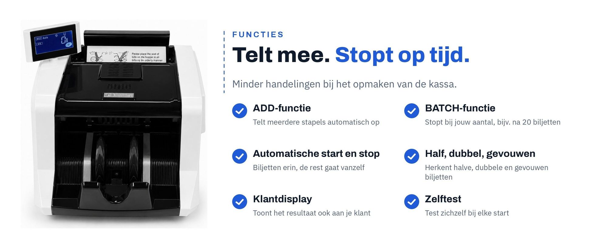 Functies van de SCANNUM 1200-S: ADD, BATCH, automatische start en stop, klantdisplay en zelftest