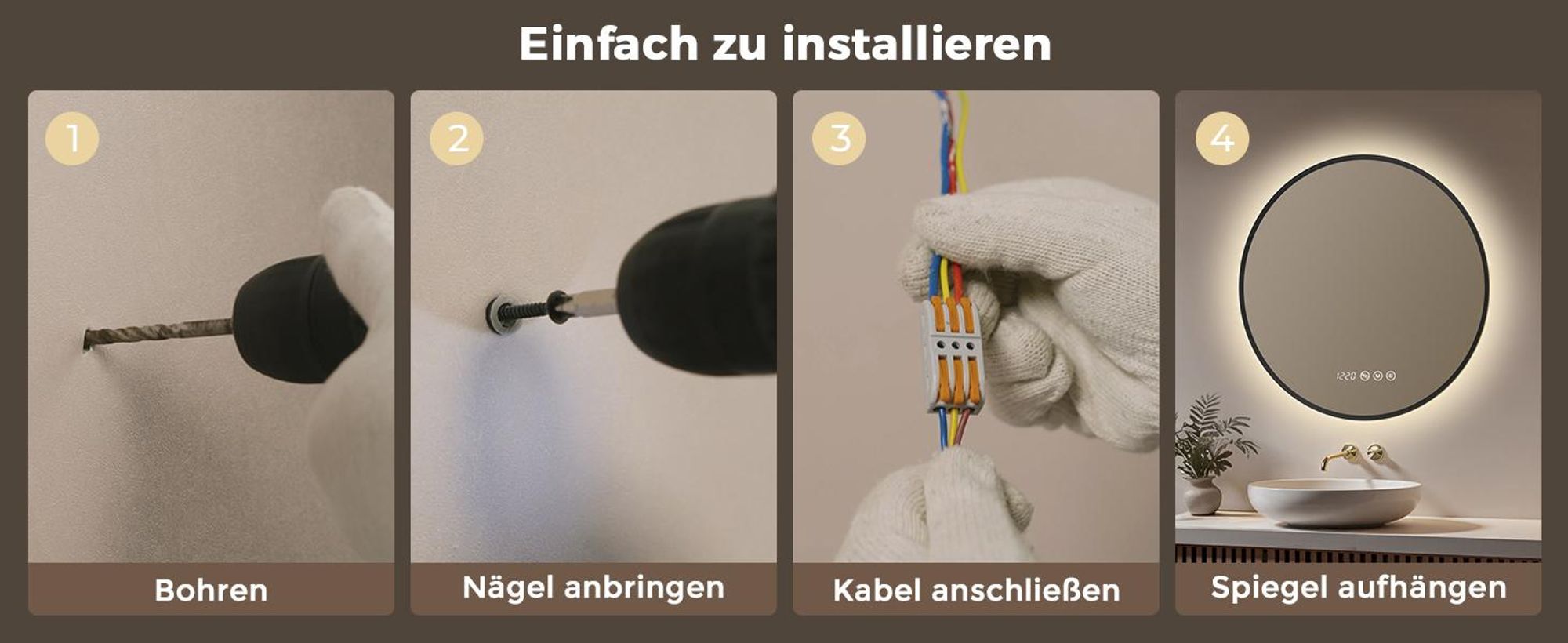 S'AFIELINA LED Badezimmerspiegel Rund Ø80 cm, Schwarzer Rahmen, 3 Lichtfarben, stufenlos dimmbar, Antibeschlag, Uhr & Temperaturanzeige, Memory