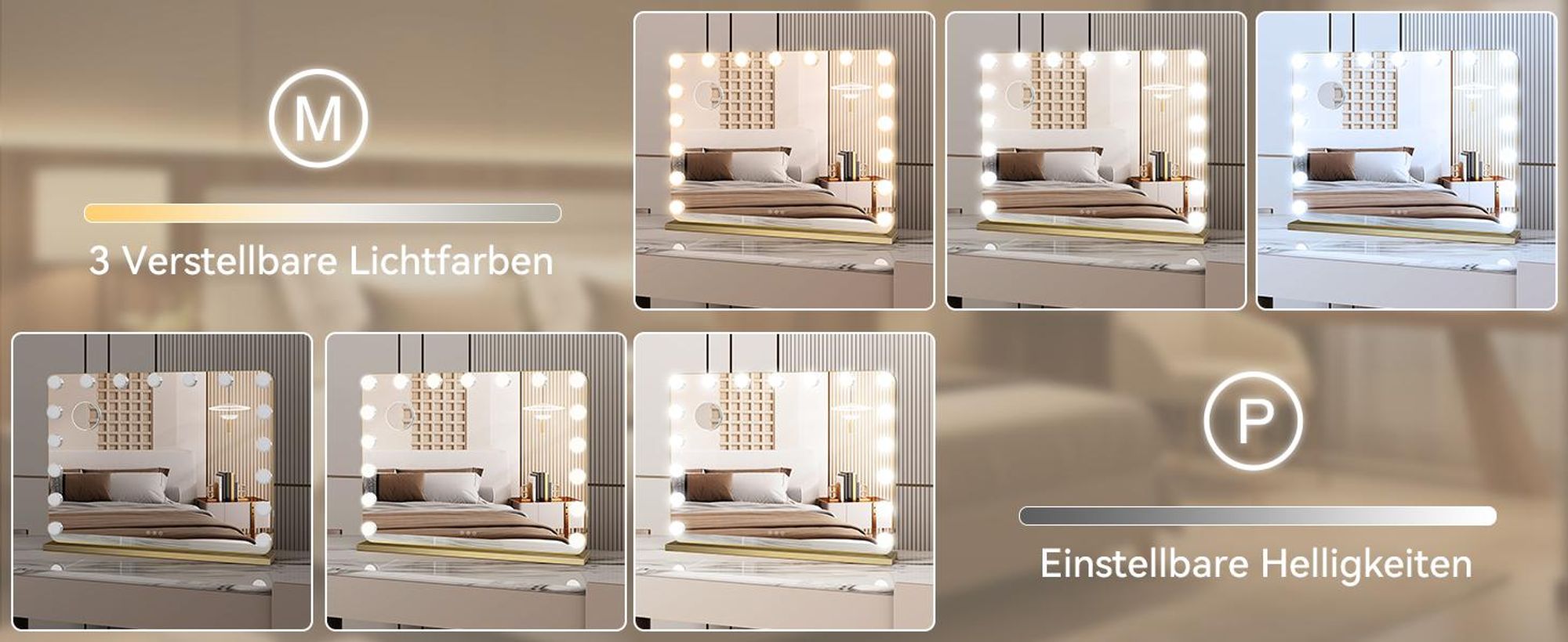 Puluomis Kosmetikspiegel Schminkspiegel 80x60cm Hollywood Spiegel Dimmbar mit 18 LED Beleuchtung 3 Farben, 10 Vergrößen, Wandspiegel golden, rund Ecke