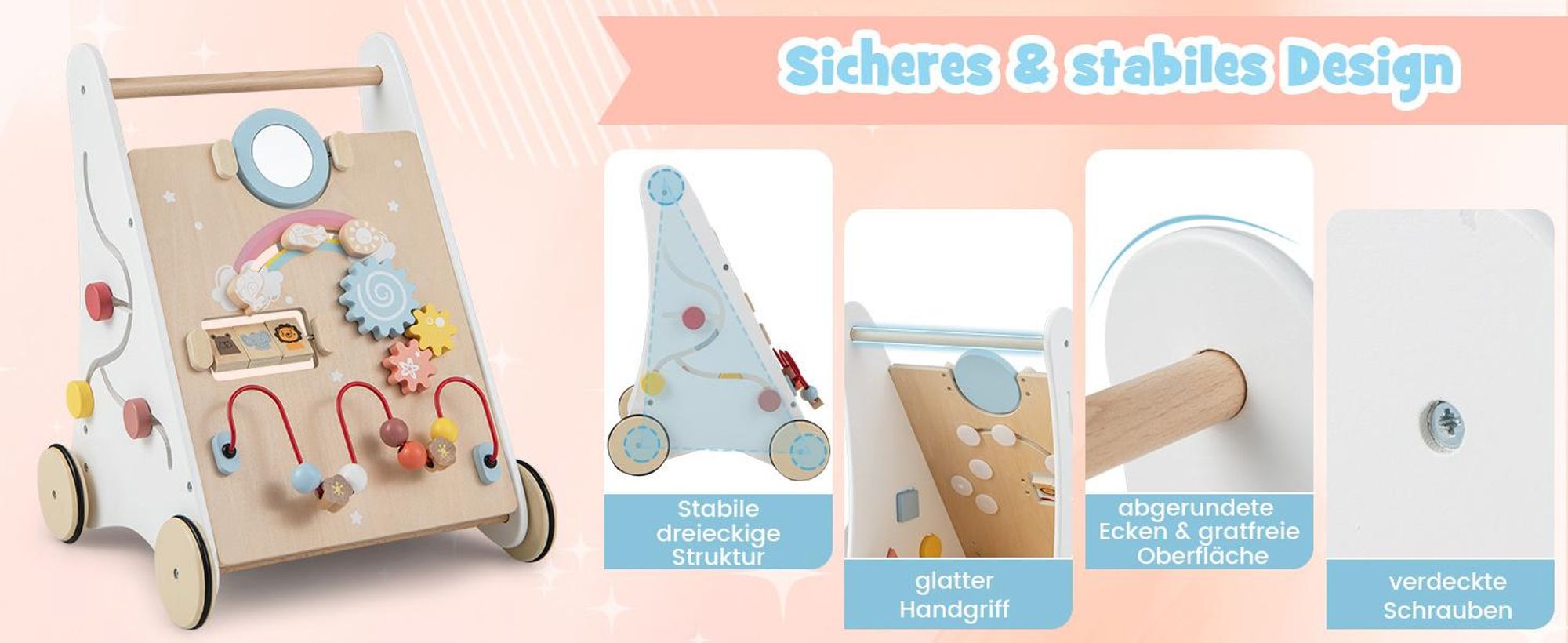 Lauflernwagen Holz, 7-in-1 Lauflernhilfe ab 1 Jahr, mit Spiel- und Lernbereich