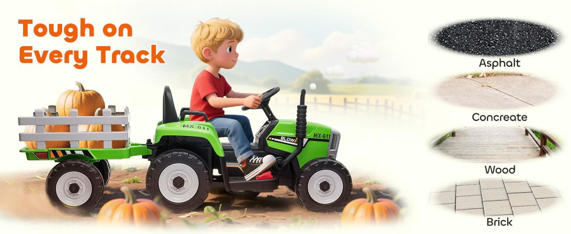 HOMCOM Traktor elektryczny z przyczepą i zdalnym sterowaniem, 3-6 km/h, zielony