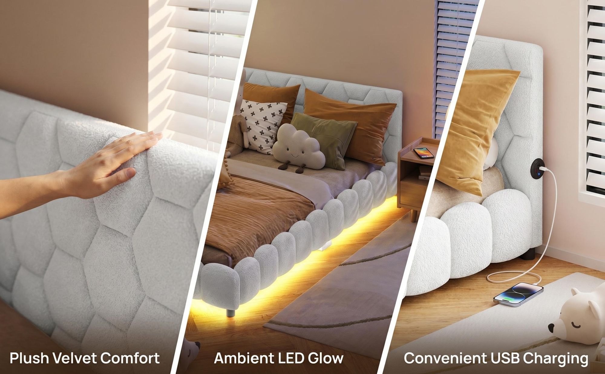INONEFT  Polsterbett 140x200cm mit LED- und USB-Schnittstelle,Schlafsofa Tagesbett mit lattenrost ,Kinderbett,Doppelbett jugendbett,Wolle, Beige