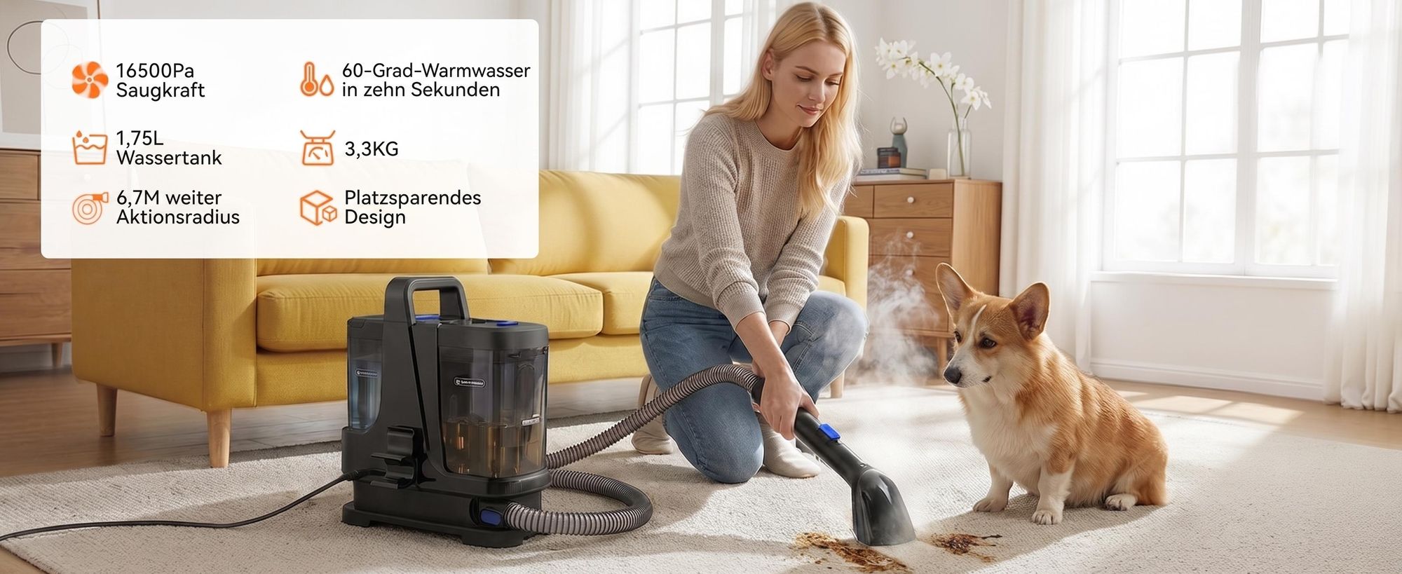 Lubluelu V9 Polsterreinigungsgerät Waschsauger mit Dampffunktion, 60 °C Warmwasser, 16500Pa, 1250W Nasssaugerfür Sofa Auto Teppiche Selbstreinigung