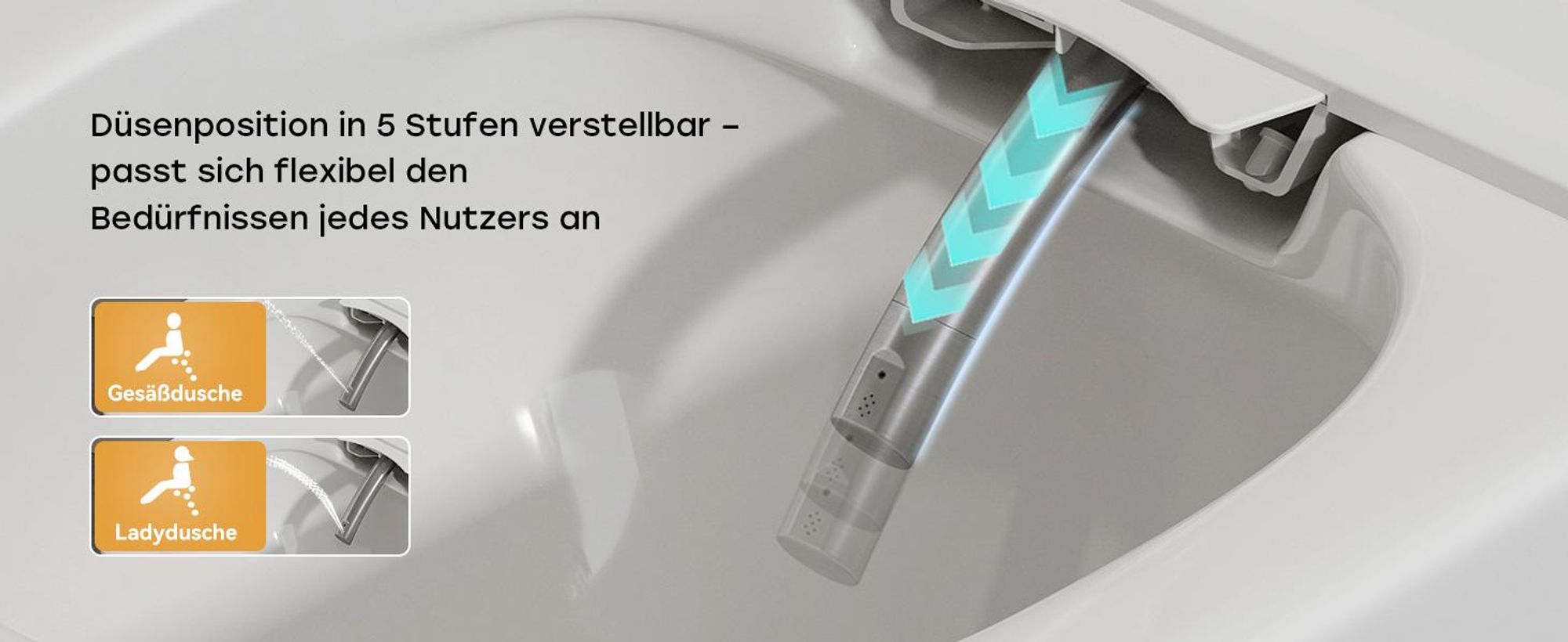 Mit Gesäß- und Ladydusche, Selbstreinigung der Düse, mit antibakterieller Oberfläche