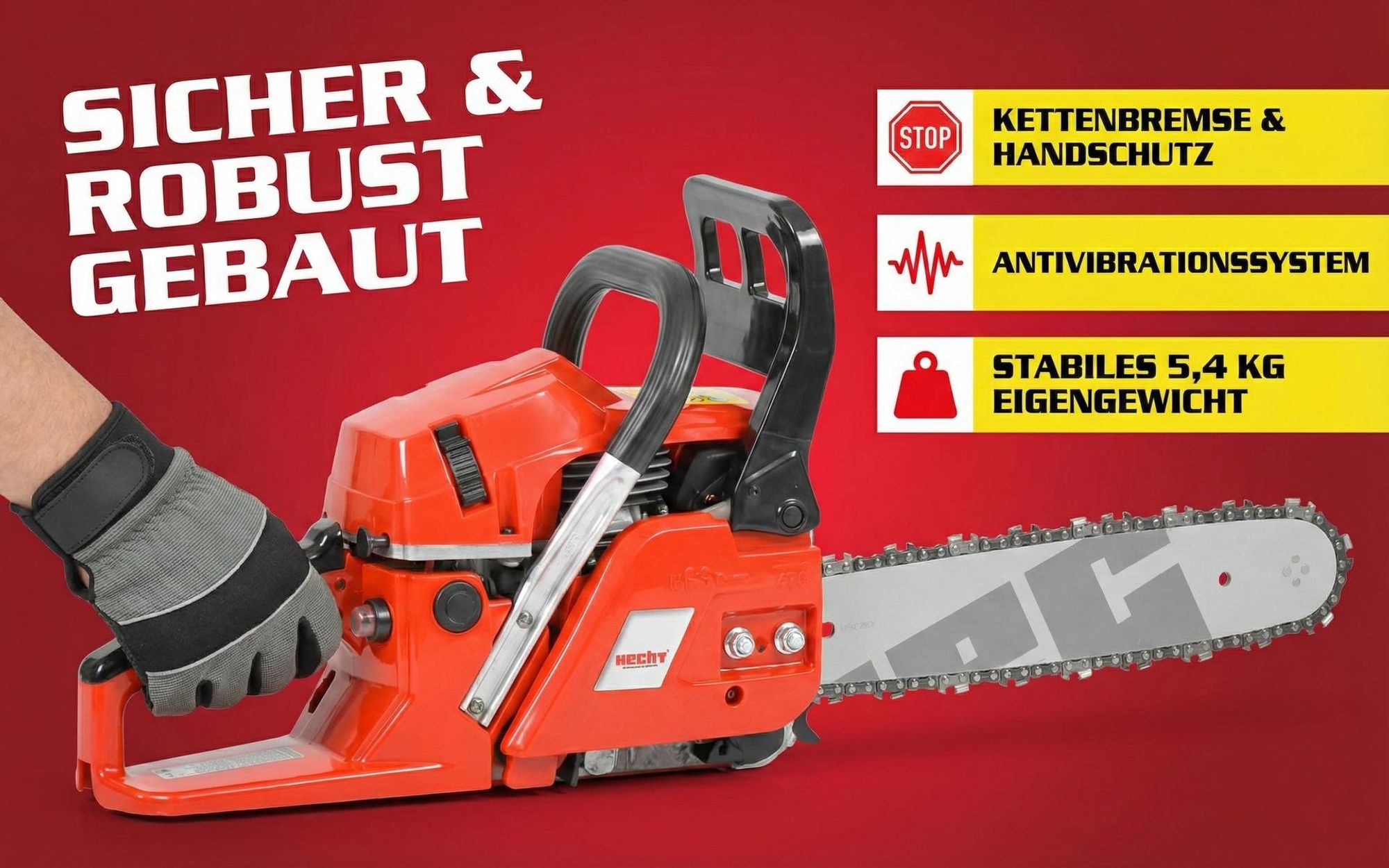 Kettensäge Motorsäge Benzin HECHT 45  | 40 cm Schnittlänge | 2,1 kW / 2,7 PS | Easy-Start | 47 cm Schwert