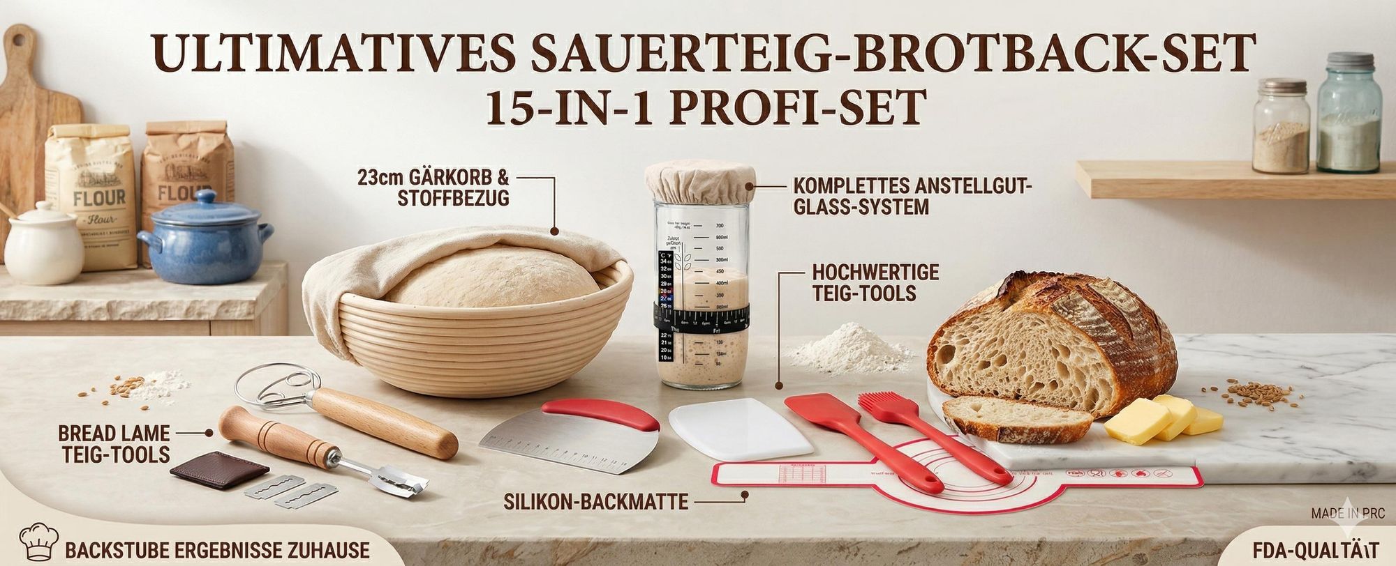 Sauerteig Brotbackzubehör Starterset mit 23cm Gärkörbchen, 650 ml Gärglas und Teigschneider - DOUGHMASTER