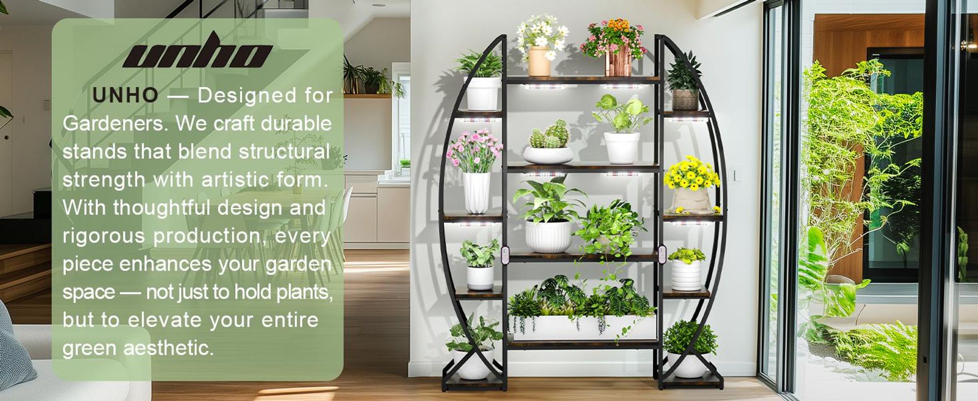 WISFOR Blumenständer mit Wachstumslicht, 8 Ebenen Blumentreppen mit 12 Ablagen, 177cm Hoch Pflanzenständer Metall Blumenregal für Indoor Balkon