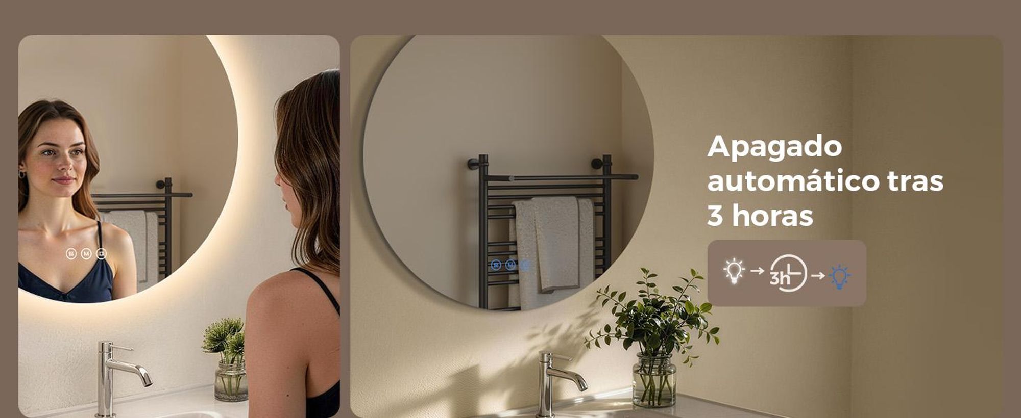 Espejo baño con luz LED redondo 70 cm S'AFIELINA, espejos de baño con led, espejo con luz baño, antivaho, regulable, 3 tonos de luz, memoria, IP65