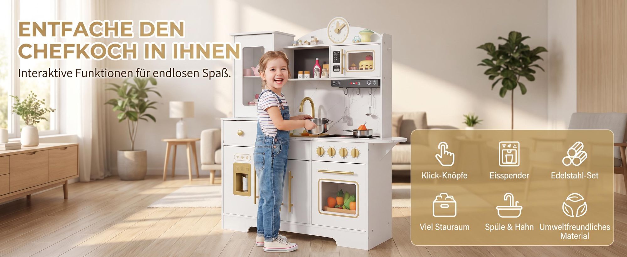 Große Holz Kinderküche Spielküche mit Licht & Sound, Spüle mit Wasserhahn, Backofen, Mikrowelle & Spieluhr, inkl. Zubehör, ab 3 Jahren