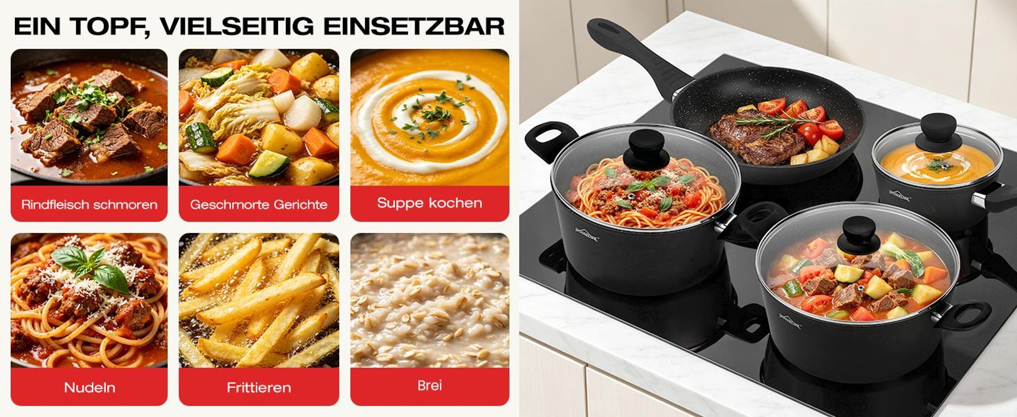 Topfset Induktion 15-Tlg Topfset Pfannenset Kochtopfset, Aluminium Antihaft-beschichtete Töpfe & pfannen,Cookware-Schwarz(HLCW15BK)
