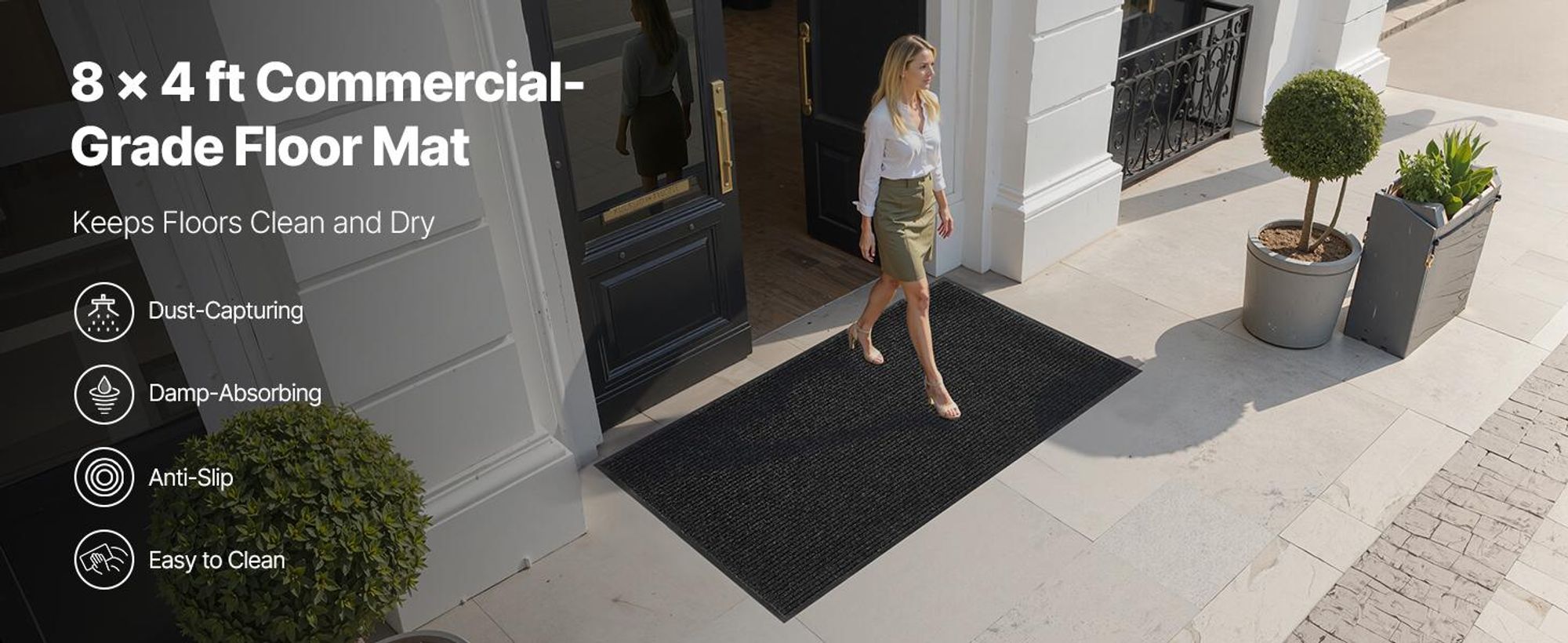 VEVOR Eingangsmatte, 1524 x 914 mm Gewerbematte für Innen- und Außenbereich, stilvoll gestreifter Industrieteppich mit PVC-Rücken, strapazierfähiger waschbarer Eingangsbereichsteppich für Flur, Balkon, Garage, Grau, 2438x1219 mm, Dunkelgrau-b