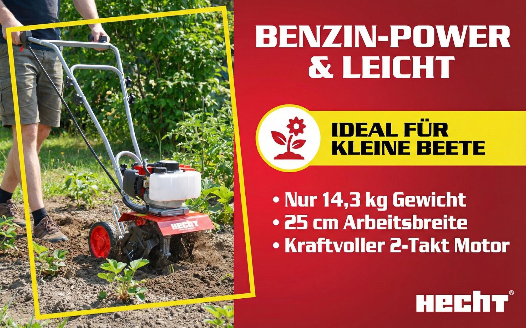 HECHT 752 Motorhacke Benzin | 25 cm Arbeitsbreite | 19,5 cm Arbeitstiefe | 2 PS | 2 Takt | 51,7cm³ | 16 Messer