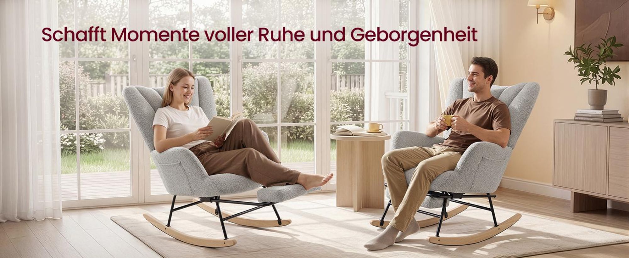 SONGMICS Schaukelstuhl mit ausziehbarer Fußstütze, Schaukelsessel, Holzbeine, Kissen, für Wohnzimmer, Fleece, grau