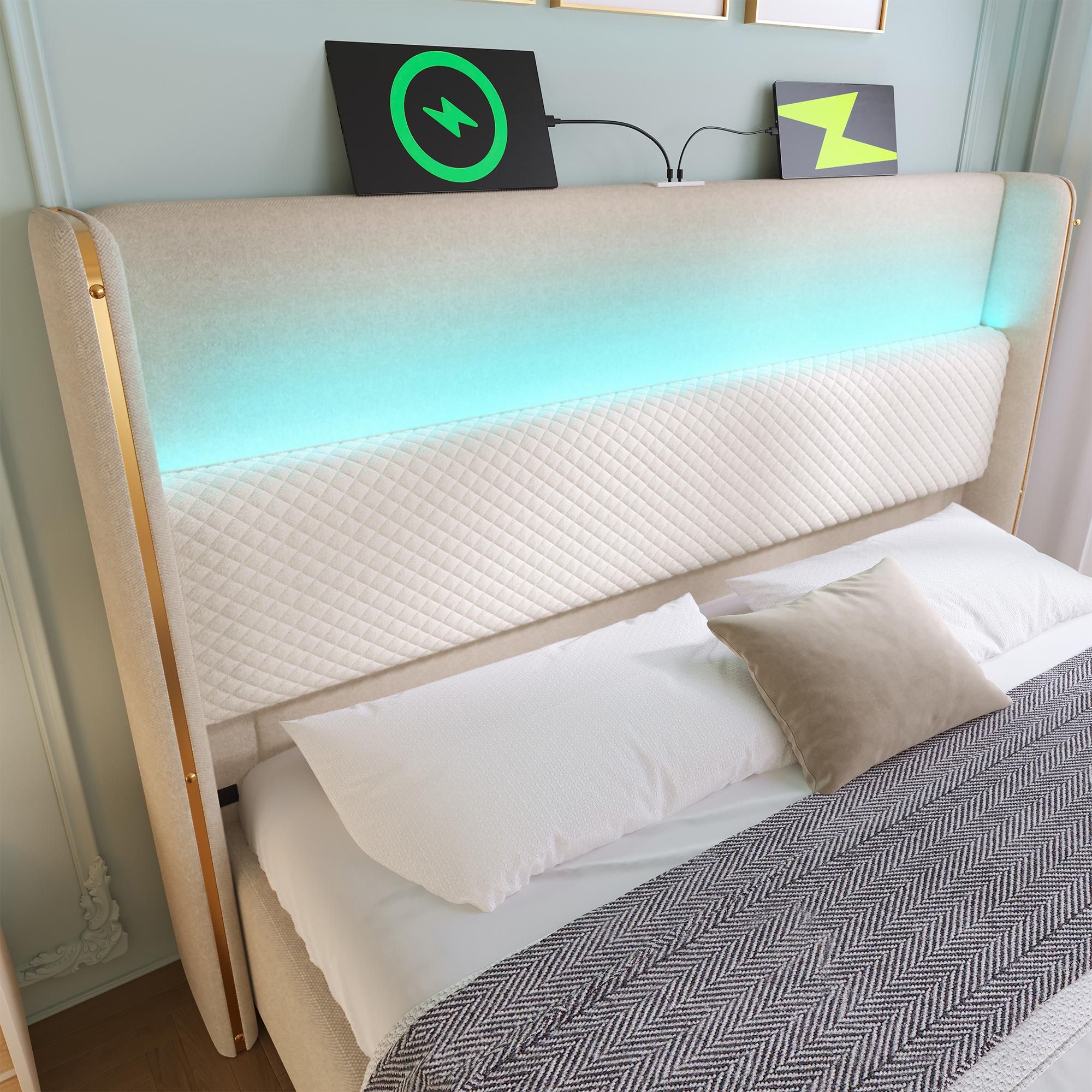 Flieks Hydraulisches Polsterbett 160x200cm mit USB/Type-C-Anschlüssen, Stauraumbett Doppelbett Jugendbett mit Led, Leinen, Beige