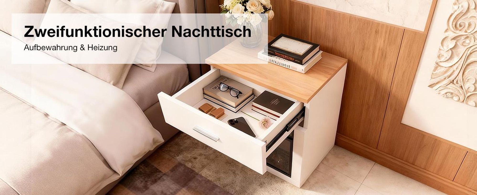 HOMAVO 14-Zoll Elektrokamin mit Heizung - 1000W - 3D Flammenfarben - inklusive Schrank