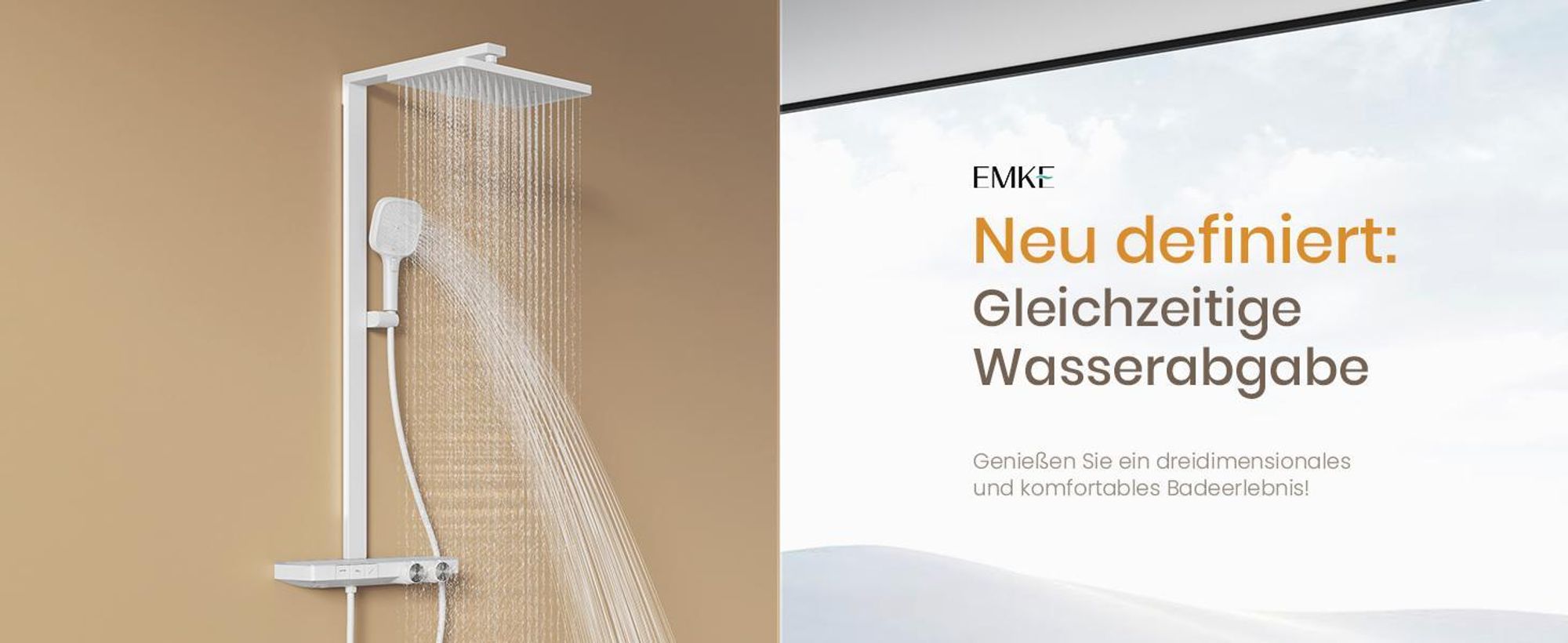 EMKE Duschsystem mit Thermostat prämiertes Design Duschsäule Weiß 360×240mm eckiger Regendusche, Wassermengenregler, Badewannenauslauf F29