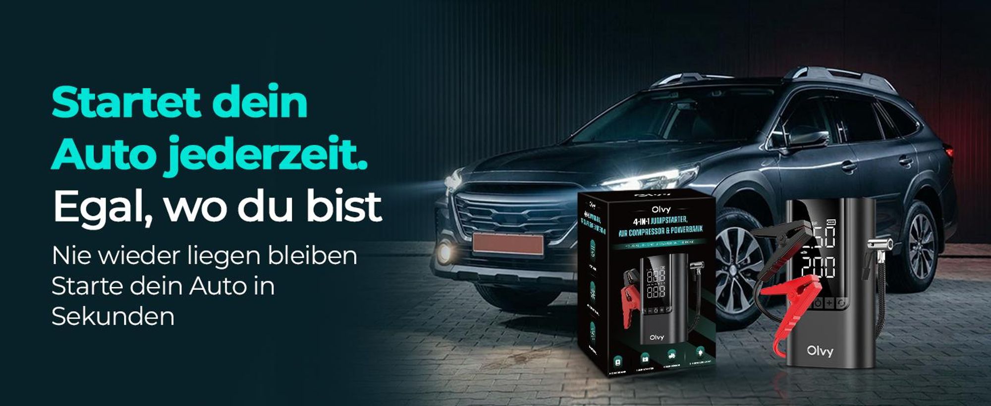 Olvy Starthilfe Powerbank mit Kompressor 6000A – Auto-Starter für 12V Benzin/Diesel, LED-Licht, Jumpstarter, Powerbank, Autobatterie Booster, 12000mAh