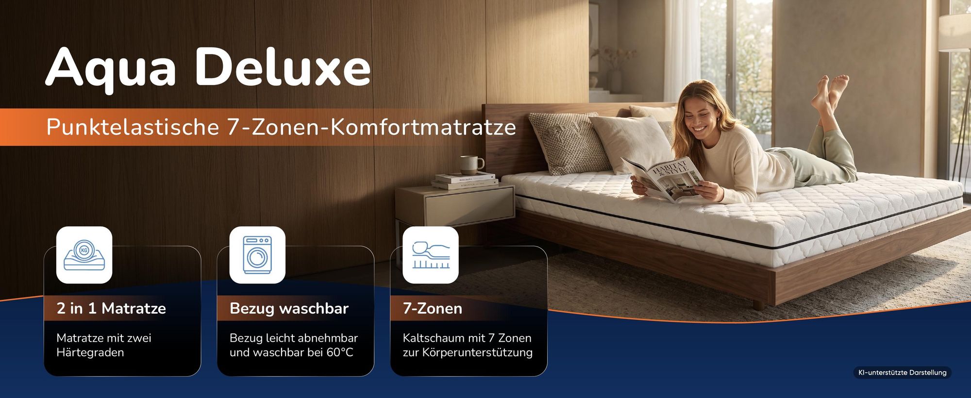 Schlafzimmer mit der Matratze Aqua Deluxe, daneben drei Produktmerkmale