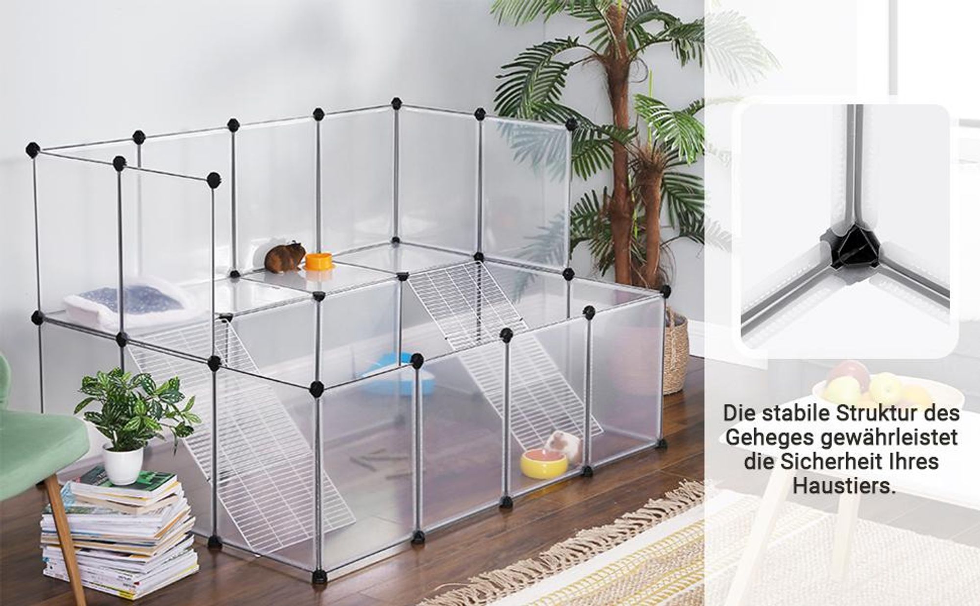 SONGMICS Kleintierkäfig, 2-stöckig mit Metallgittertreppen 143x108x92cm weiß