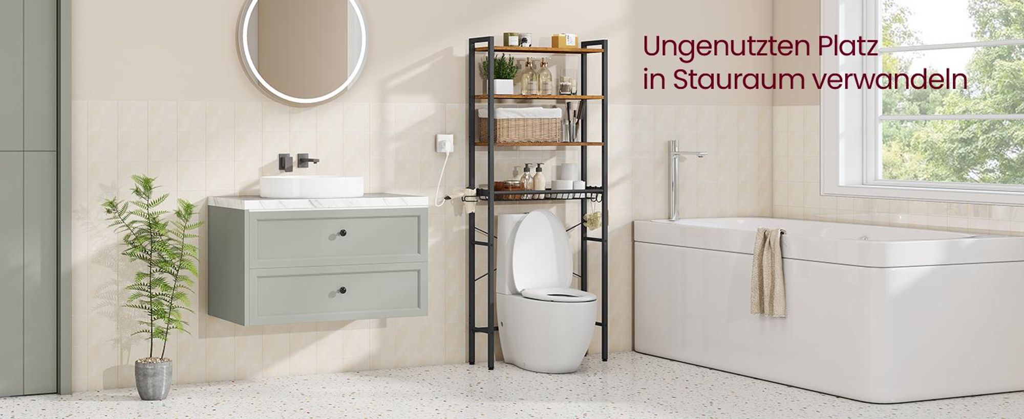 VASAGLE Toilettenregal, Badezimmerregal mit verstellbaren Ablagen, Gitterkorb, Föhnhalter, Haken