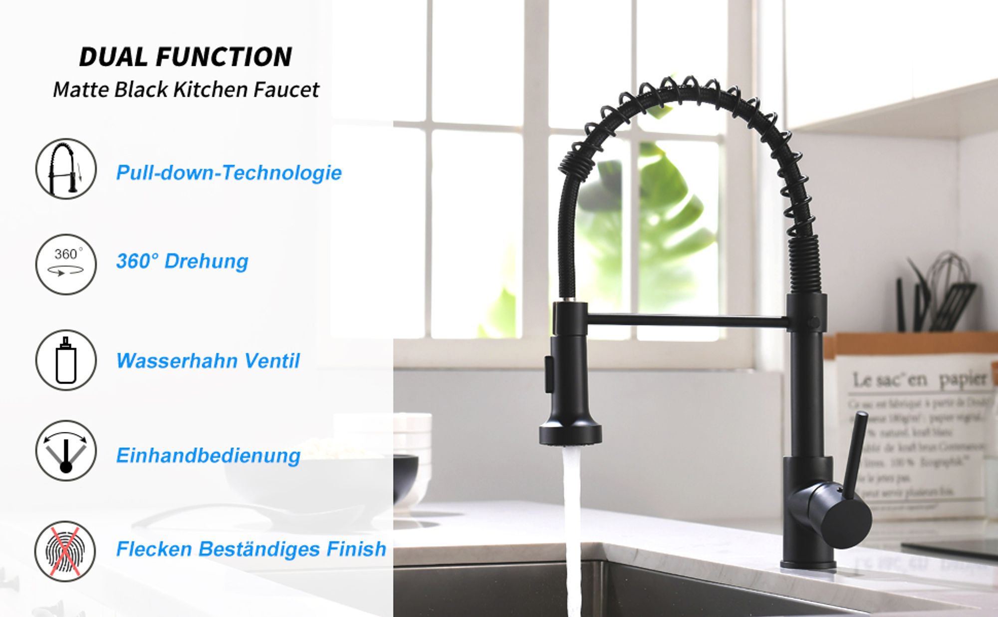 Wasserhahn Küche, Hoher Bogen Hochdruck Küchenarmatur mit Herunterziehen Brause Armatur, Mischbatterie Spültischarmatur Küchenarmaturen, 360°