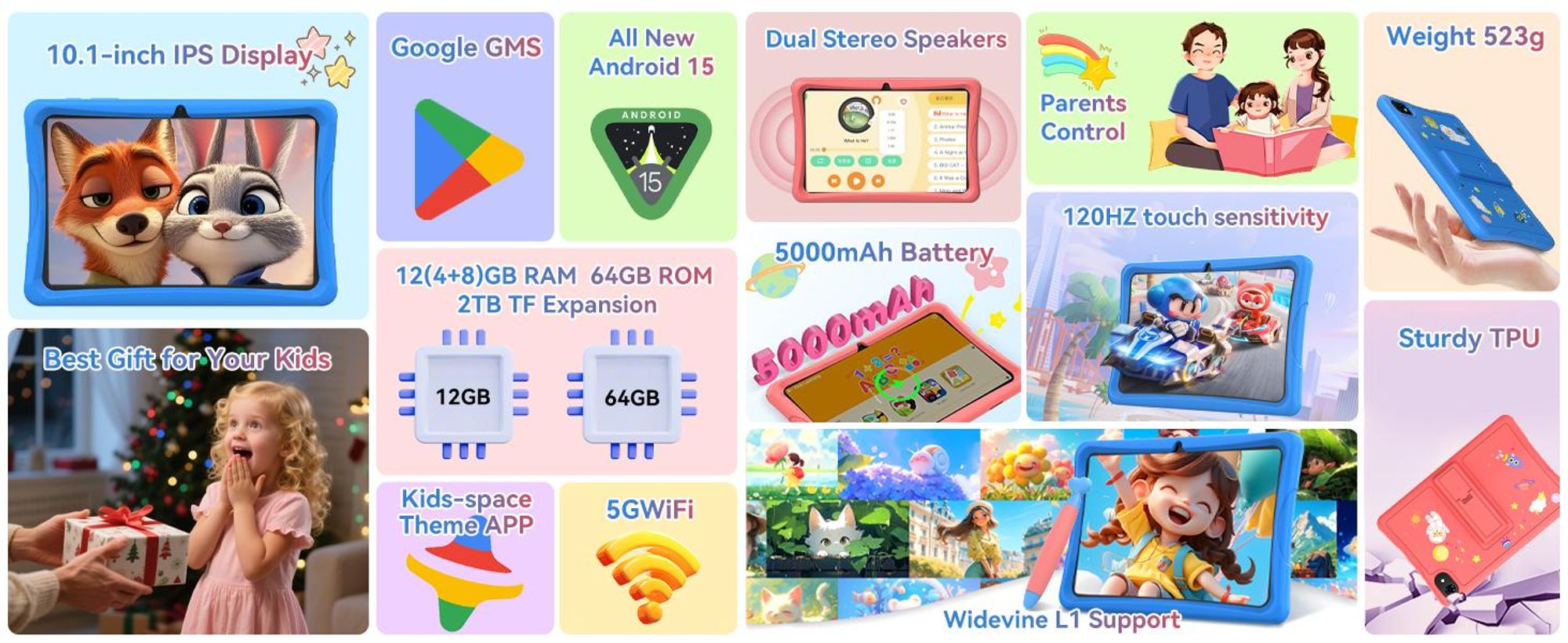 KOBONA-Tabwee K10 Kids 10.1" Rosa Tablet, Google Kids Space, 4GB+64GB, Android 15 WiFi Tablet für Kind mit Kindgerechte Hülle und Stift, 5000mAh