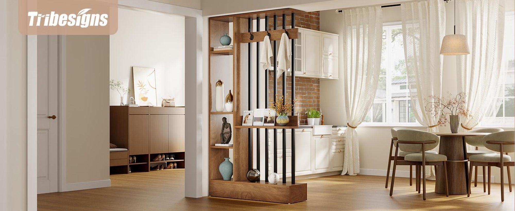 Tribesigns Raumteiler, Wand Raumteiler aus Holz mit Ablagen und Kleiderhaken, 180 cm hoch, moderne Trennwand für Zuhause und Büro, braun