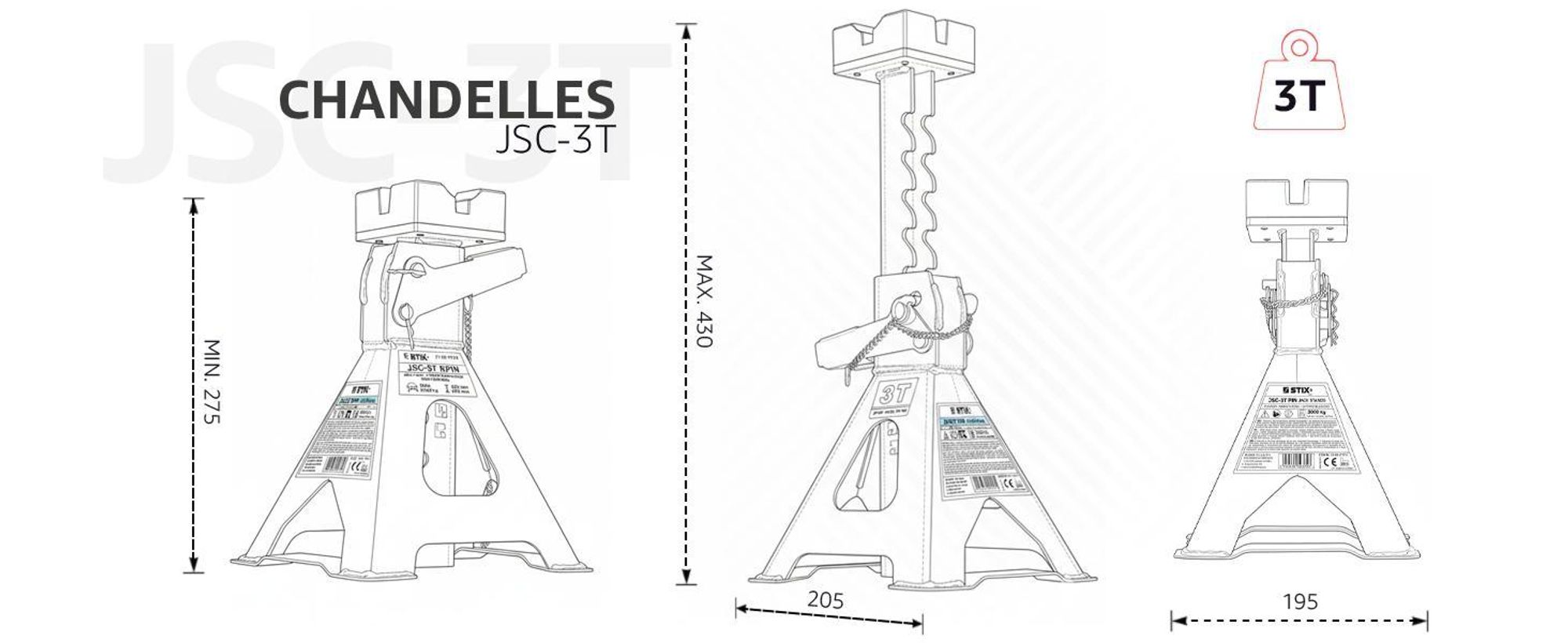 2 crics de soutien 3T avec goupille de sécurité - Crics de soutien - Supports de cric - Hauteur 275-430 mm