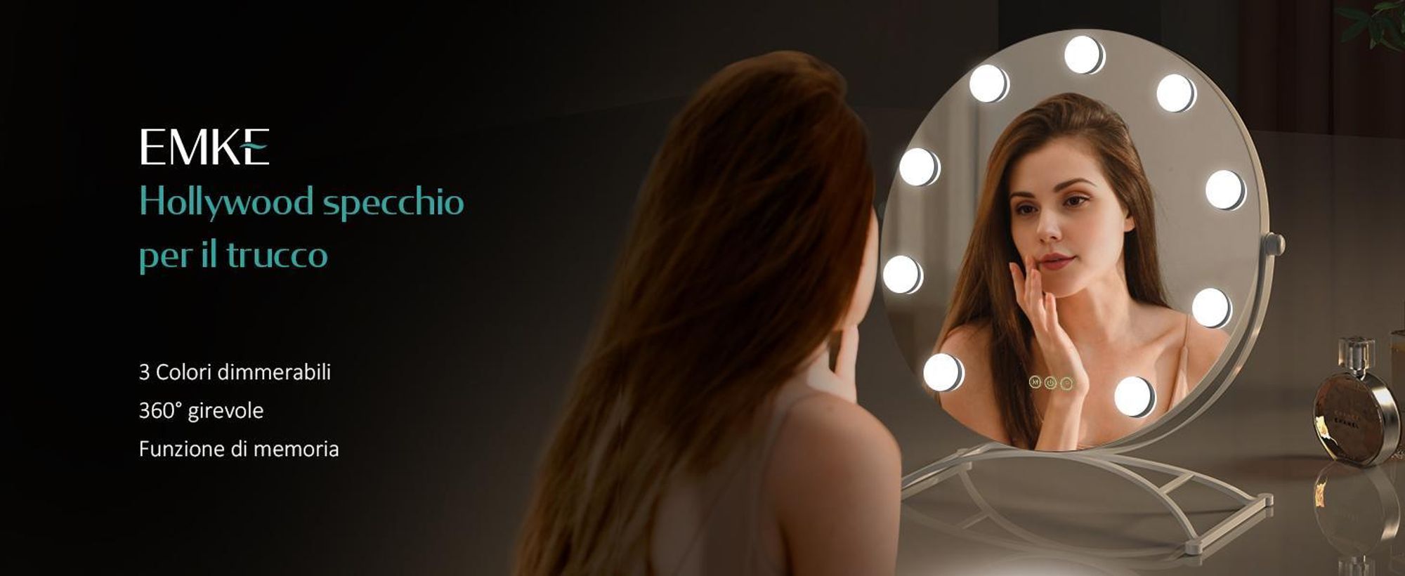 Specchio cosmetico EMKE Hollywood 58X50cm Specchio da trucco rotondo con illuminazione a LED e ingrandimento 7x, 3 colori di luce dimmerabili, bianco