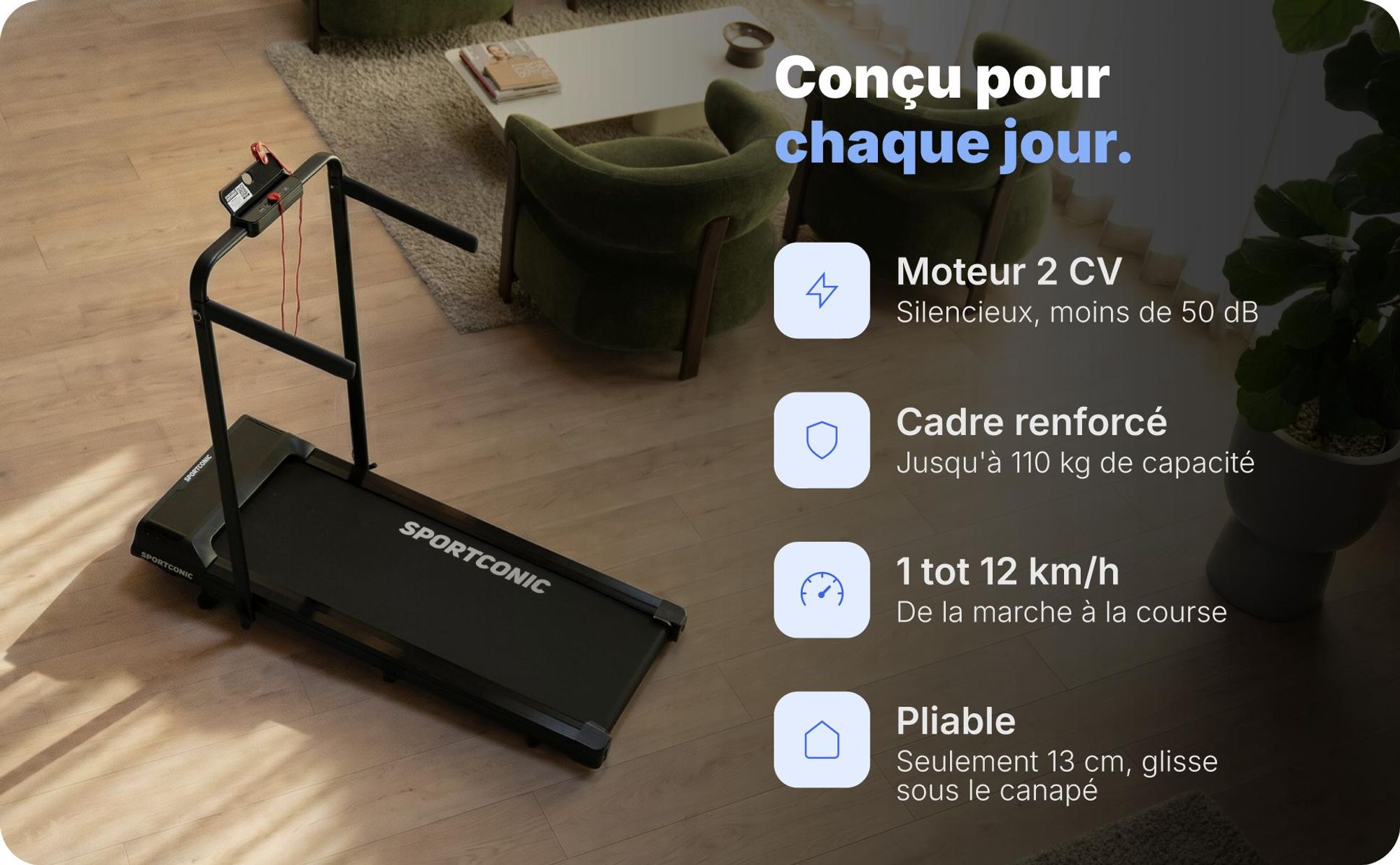 Sportconic Tapis de Course Électrique 12 km/h, Walking Pad Pliable Maison Bureau, Inclinaison 9%, Écran LED, Support Tablette