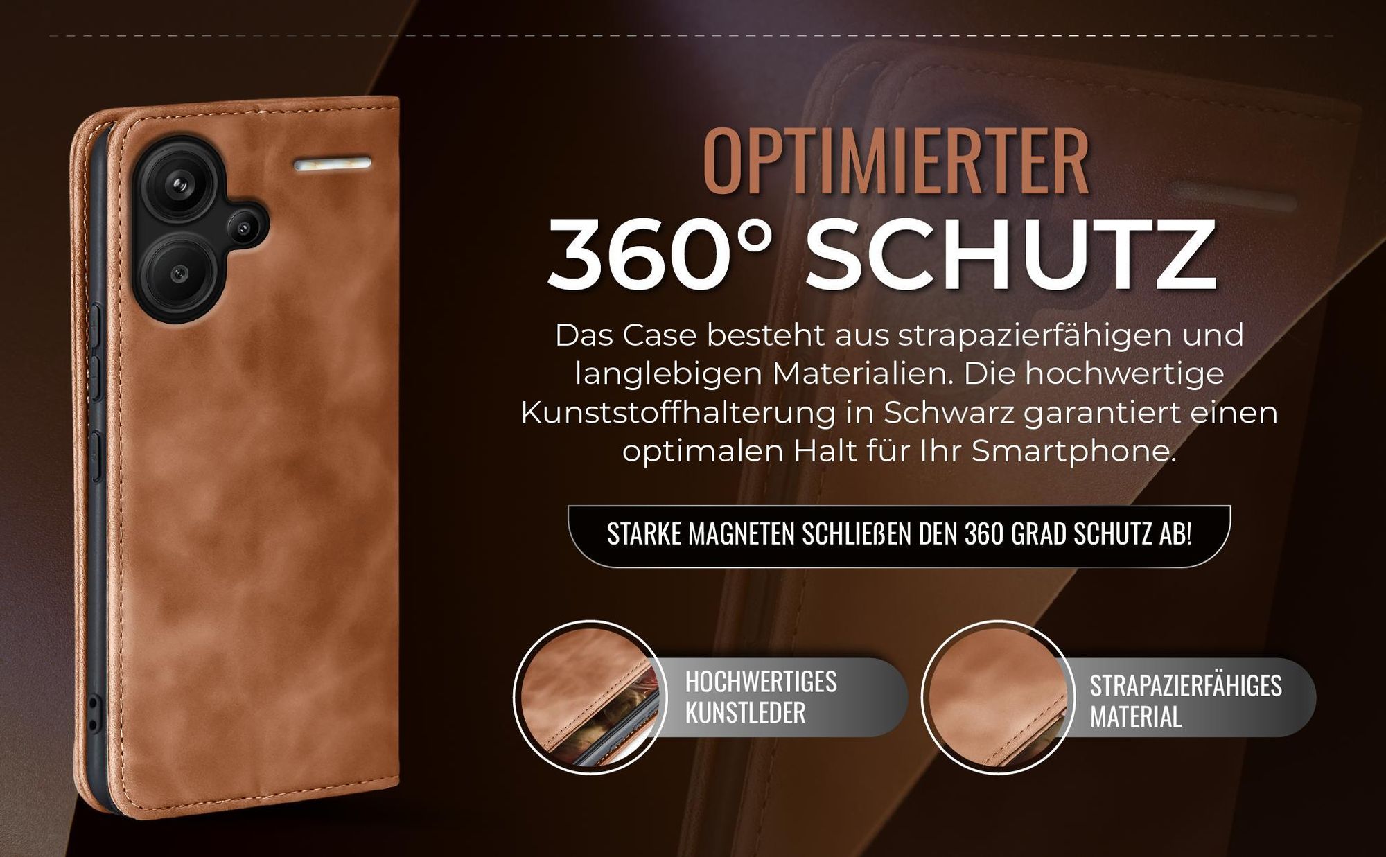 Hellbraune Handyhülle für Xiaomi Redmi Note 13 Pro+ 5G mit 360 Grad Schutz