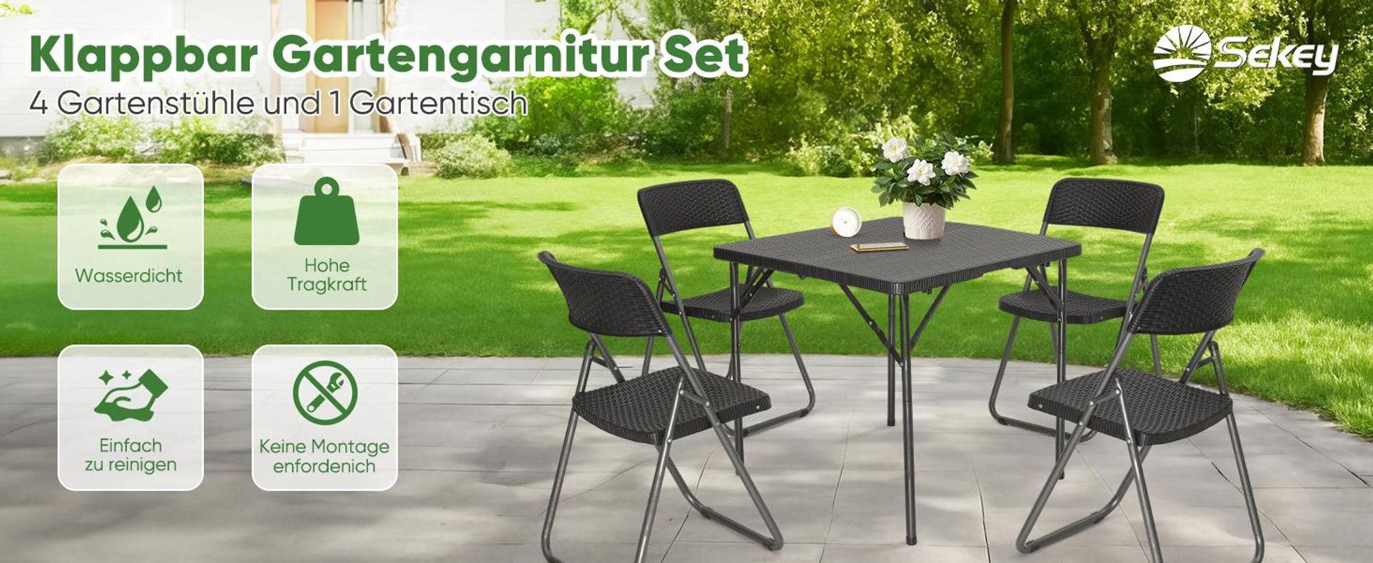 Sekey Klappbar Garten Sitzgruppe Bistro Gartentisch Set 4 Stühle mit Tisch, 80cm