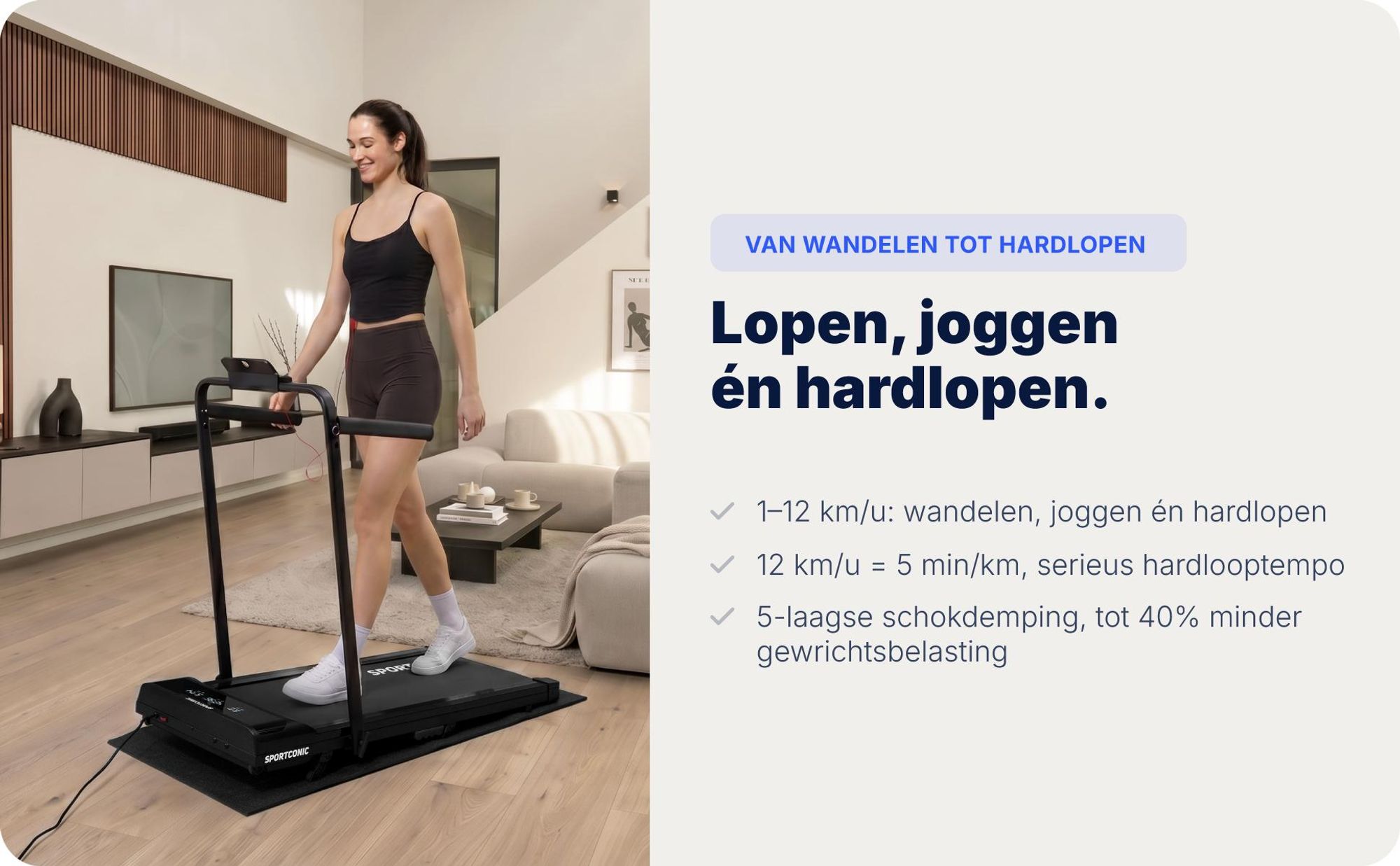 Sportconic Elektrische Loopband, 12 km/u, Opvouwbare loopband voor thuis of op kantoor, 9% helling, LED-display, tablet houder