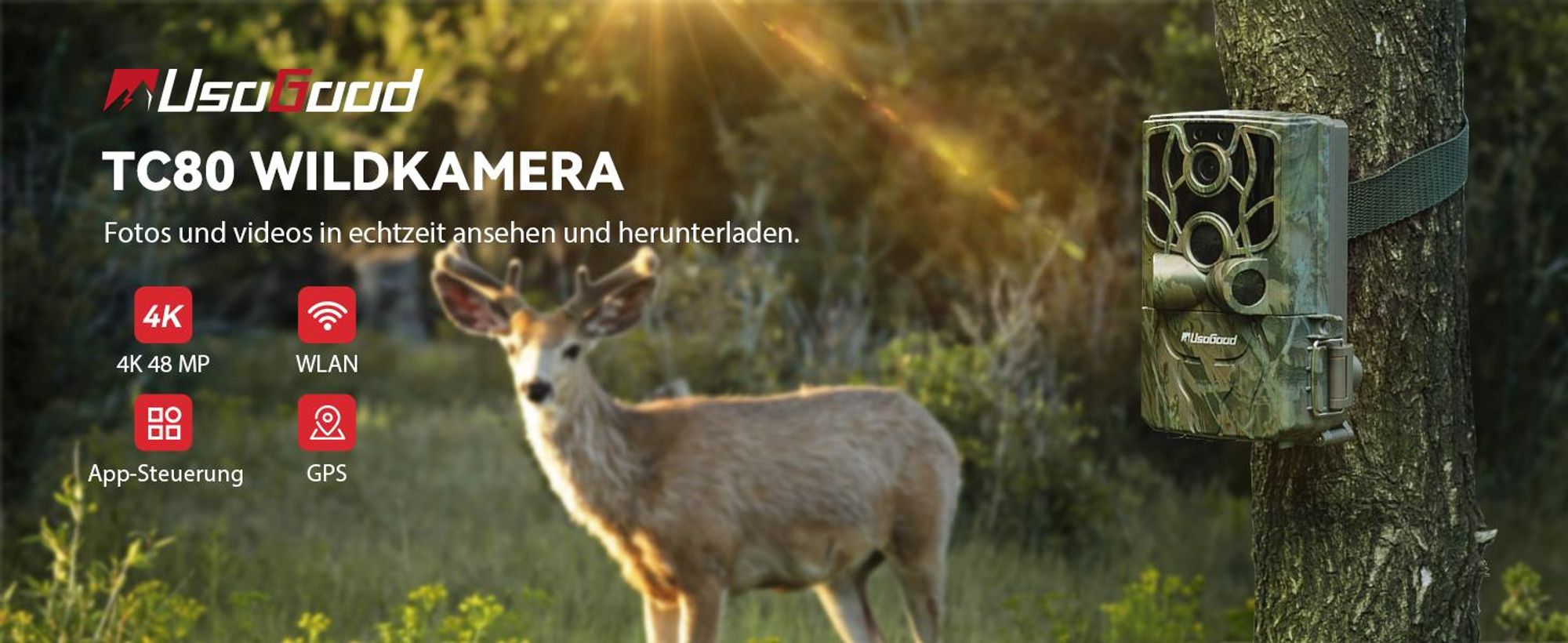 Usogood Wildkamera mit Handyübertragung App,4K Wildkamera Wlan mit Bewegungsmelder Nachtsicht Inklusive 32GB SD-Karte IP66 Wasserdicht 0,5S Auslösen