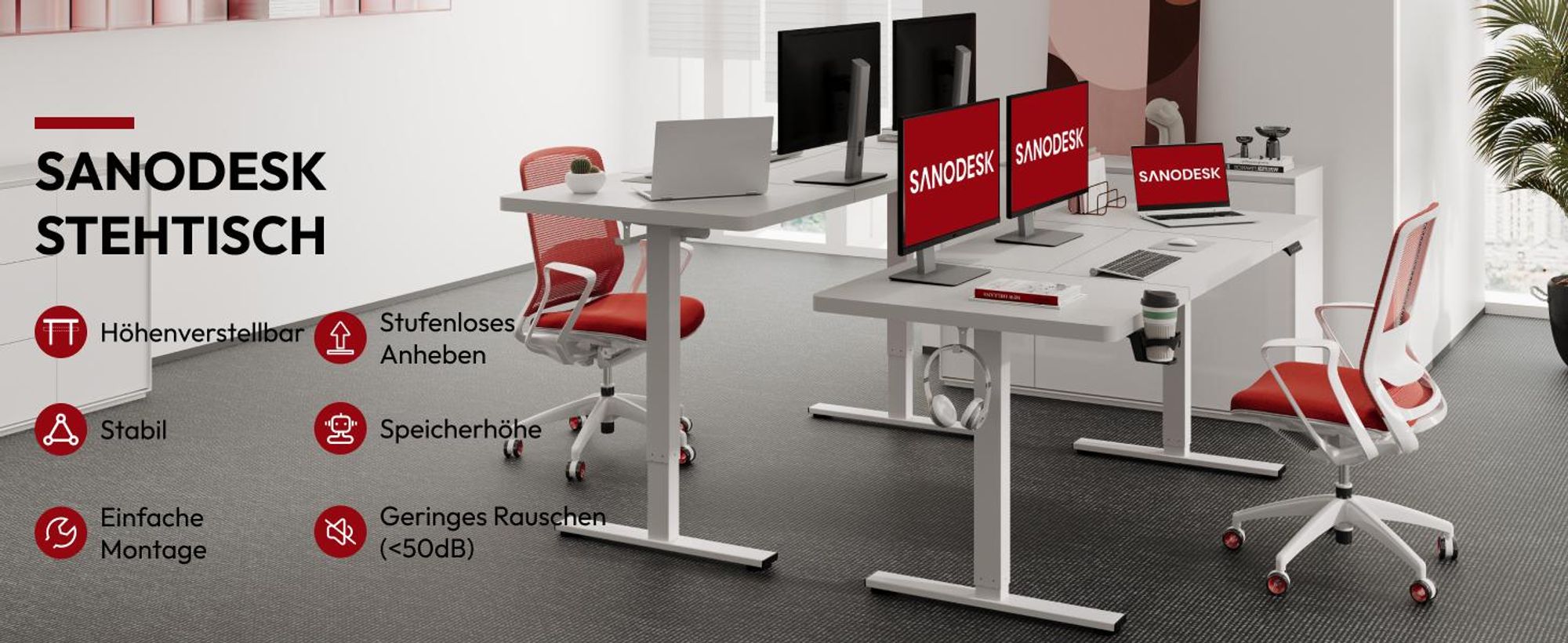 SANODESK Höhenverstellbarer Schreibtisch 180x80cm elektrisch 4 Memory-Funktion, Antikollisionsschutz, 70kg Tragkraft, mit Haken und Ablagebox (Weiß)