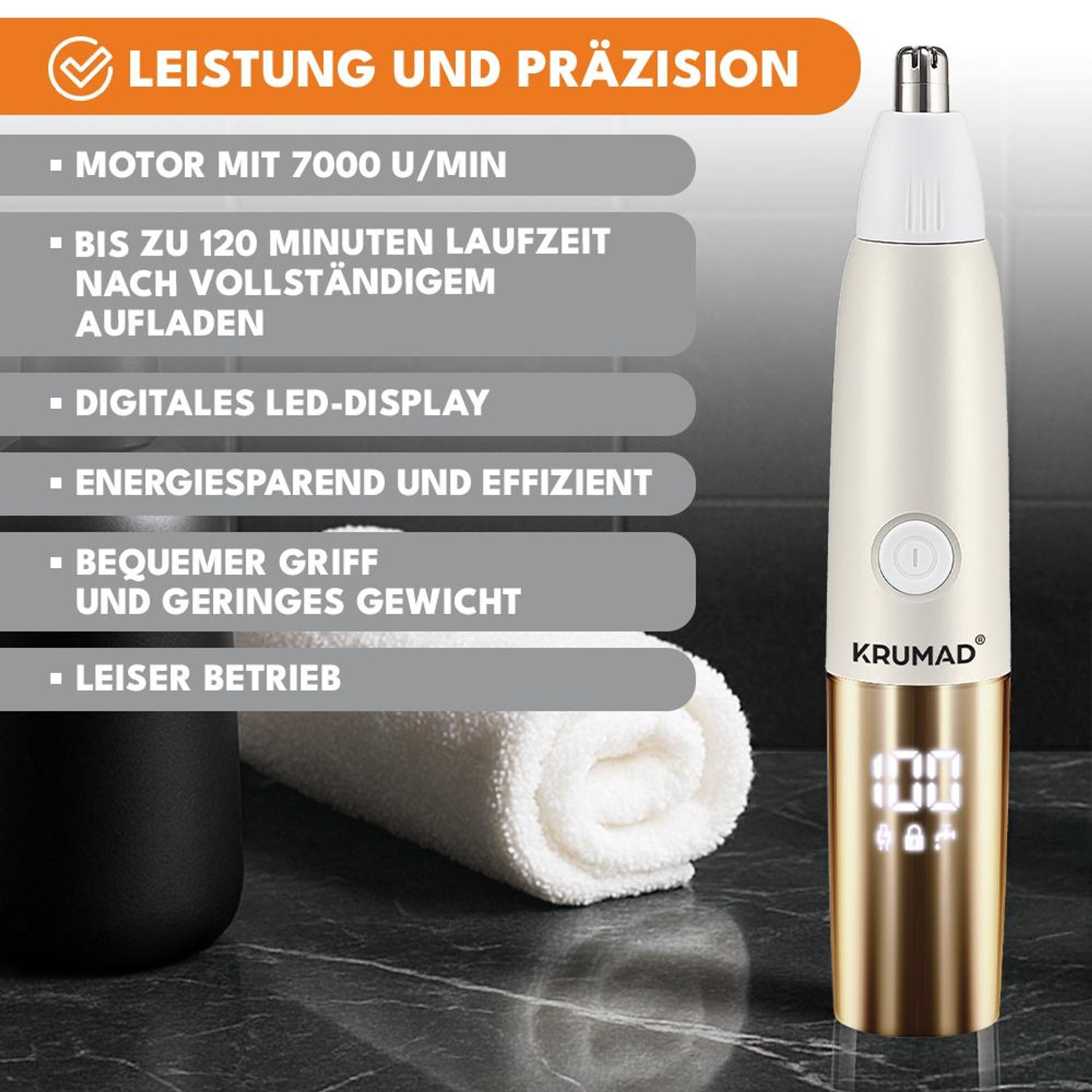 KRUMAD Nasenhaartrimmer Herren 3-in-1 – Wiederaufladbarer Präzisionstrimmer mit Digitalanzeige, 7000 U/min, USB-C – Für Nase, Ohren & Augenbrauen