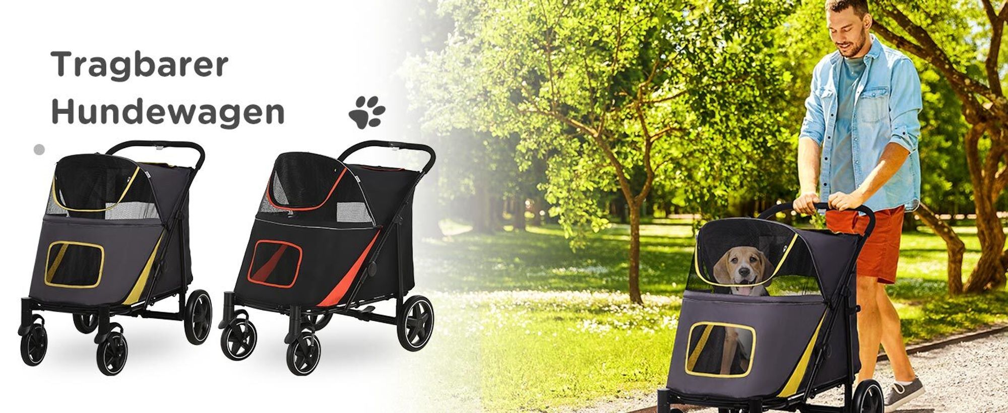 PawHut Hundewagen, Hundebuggy mit Kissen, faltbarer Hundetrolley, Katzenbuggy für große und mittelgroße Hunde, mit Netzfenster, Dunkelgrau