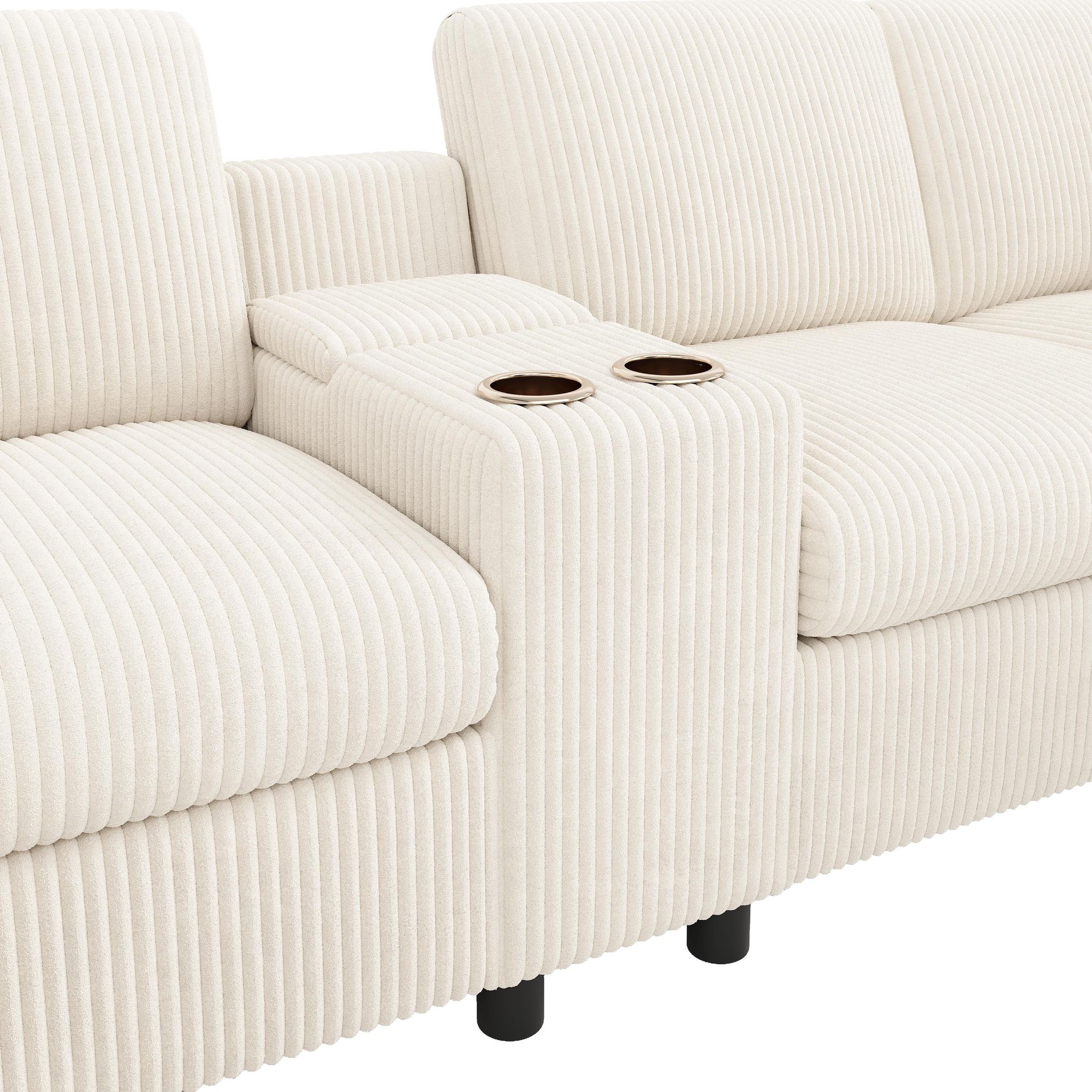 Merax U-Form Ecksofa mit 2 Hockern, USB-, Type-C, Couchtisch & Becherhaltern, 2 Kissen,4-Sitzer Sofa mit Bettkasten, Couch, Cord Stoff, Beige