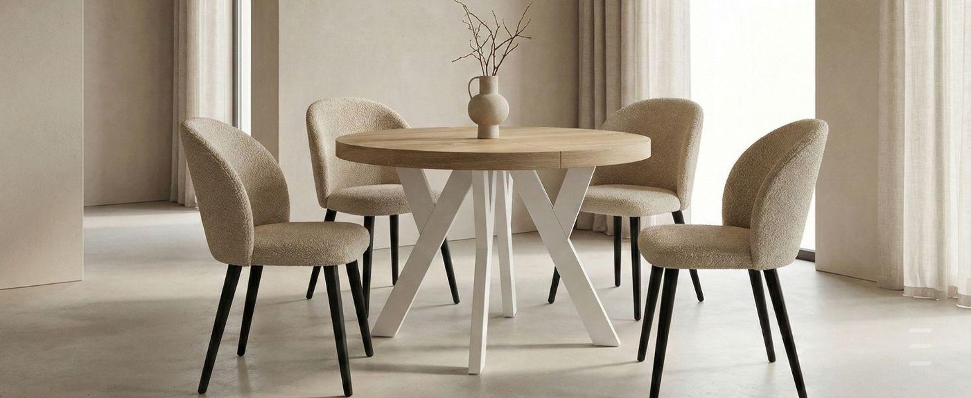 Runder Ausziehbarer Tisch für Esszimmer, PERO, Loft-Stil, Skandinavische, Durchmesser: 100 / 150 cm, Farbe: Kaschmir / Weiß