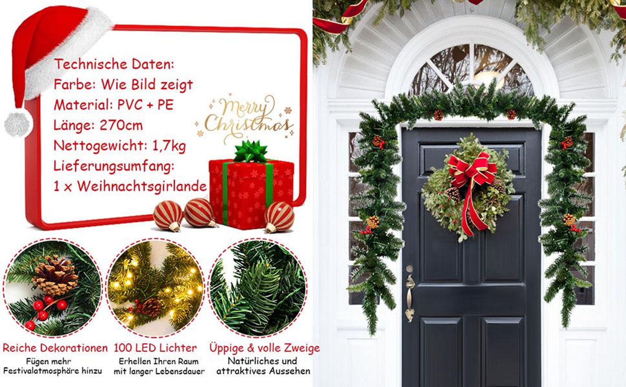 COSTWAY 270cm Weihnachtsgirlande mit 100 warmweißen LEDs, künstliche Tannengirlande mit Kiefernzapfen, roten Beeren & Timer, Christmas Girlande