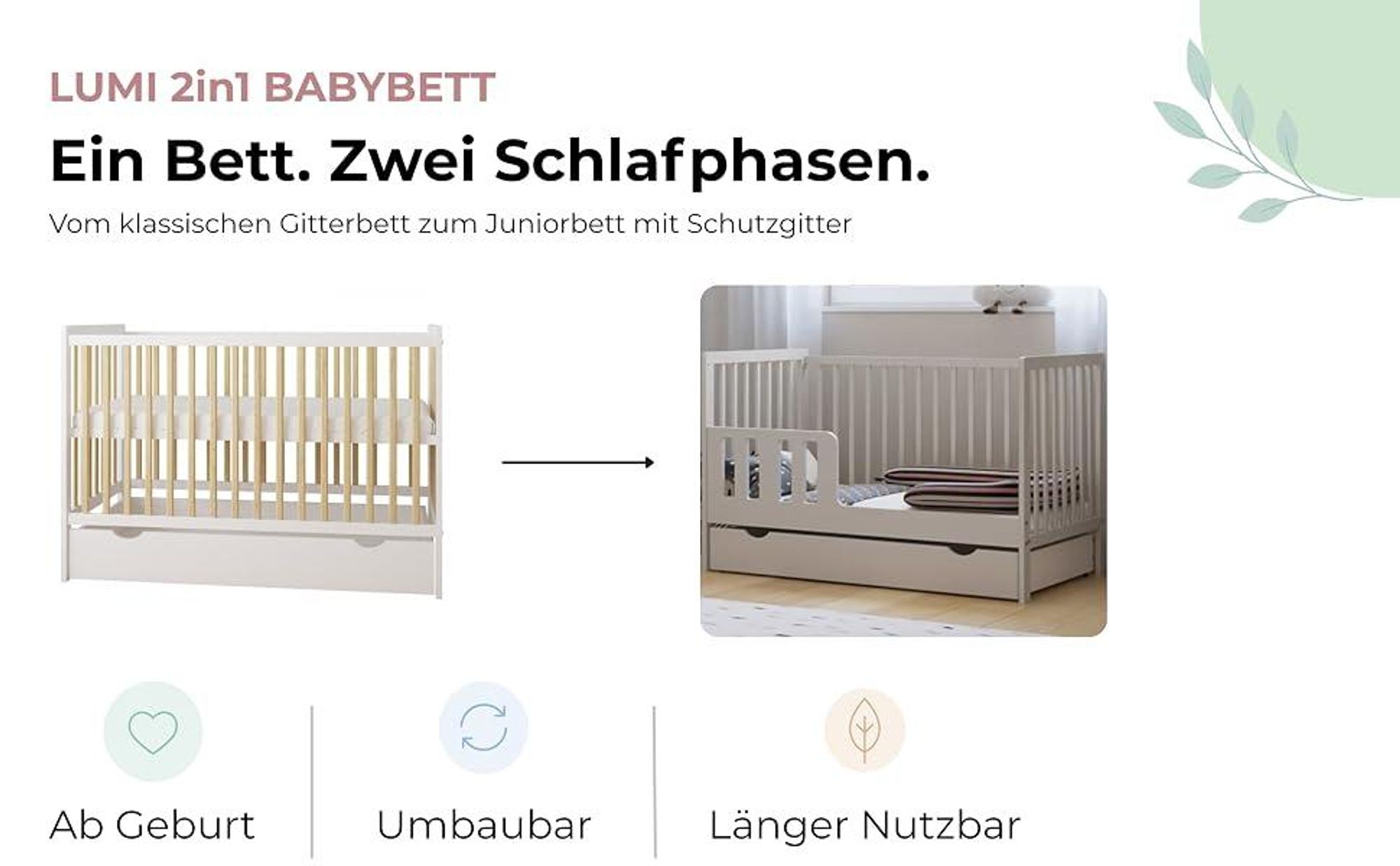 ZEE LUMI Mint Babybett 120x60 cm mit Schublade & Schutzgitter 2in1 Kinderbett aus Kiefernholz Höhenverstellbar EN 716 Juniorbett Umbau